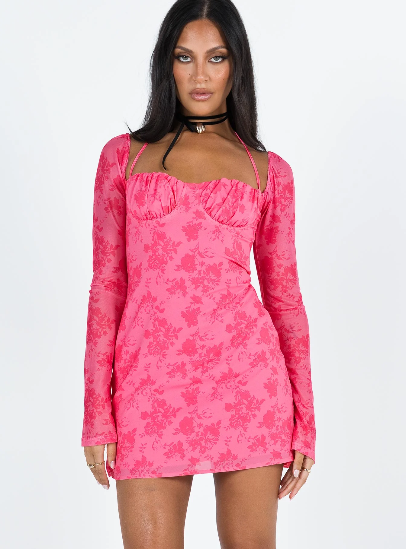 Dyer Sheer Sleeve Mini Dress Pink Floral - Image 2