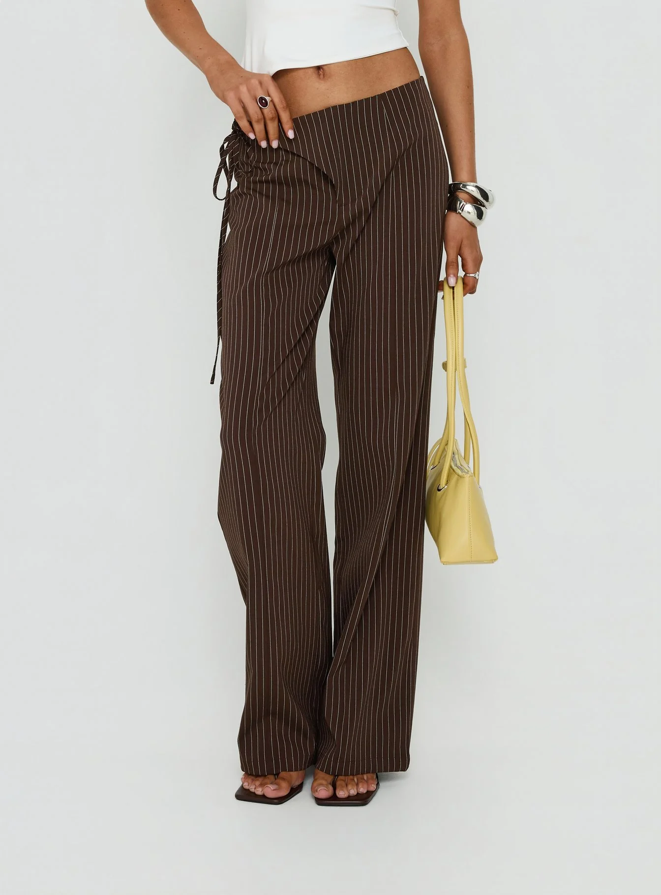 Editta Tie Detail Low Rise Tailored Pants Brown Pinstripe - Image 2