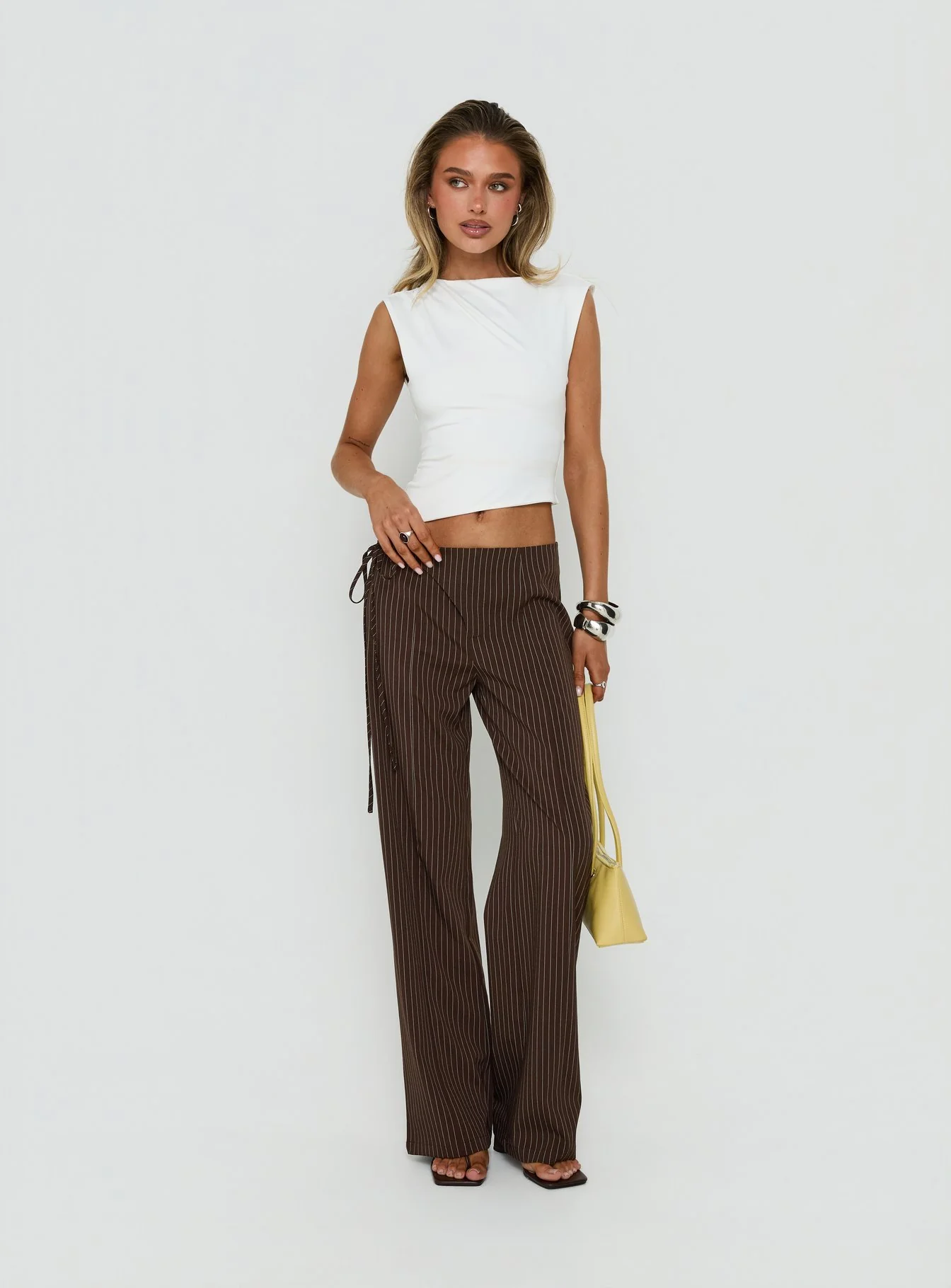 Editta Tie Detail Low Rise Tailored Pants Brown Pinstripe - Image 3