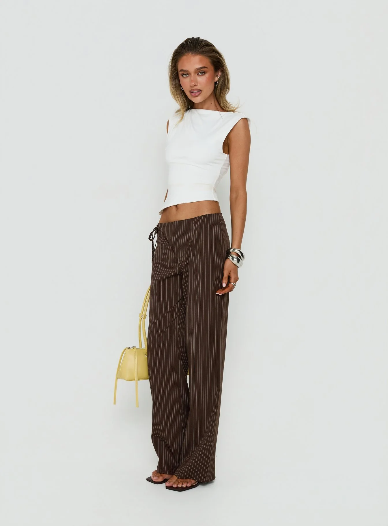 Editta Tie Detail Low Rise Tailored Pants Brown Pinstripe - Image 4