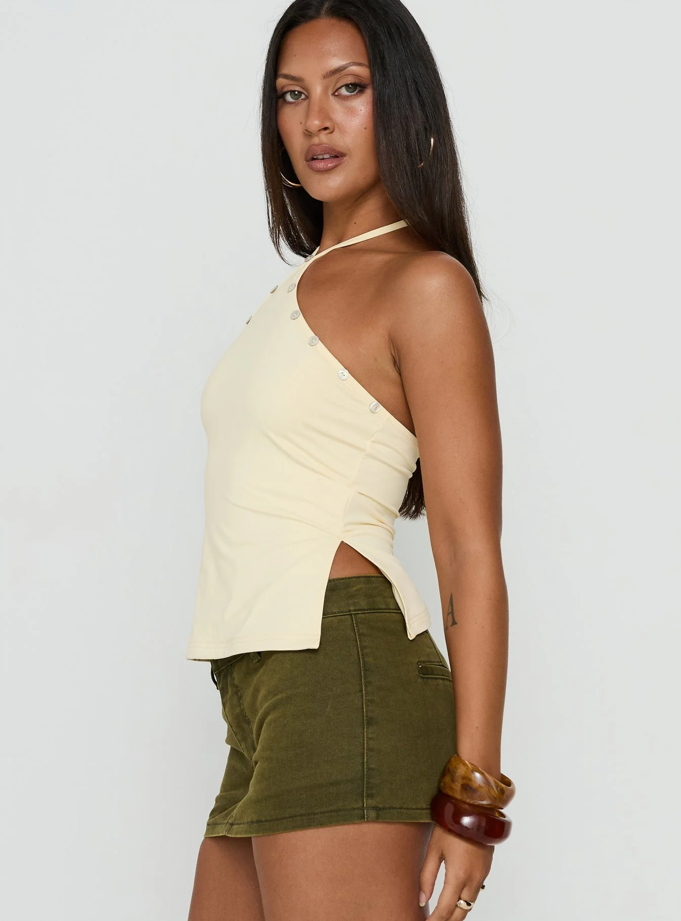 Eiva Arrowneck Button Detail Top Lemon - Image 3
