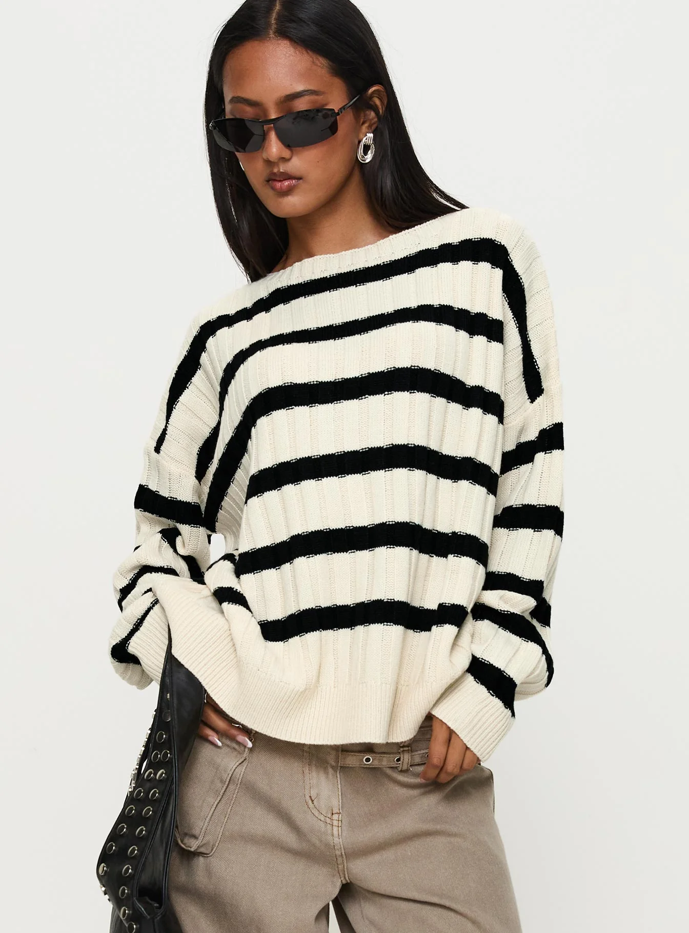 Elenita Wide Neck Knit Sweater Black / White - Image 2