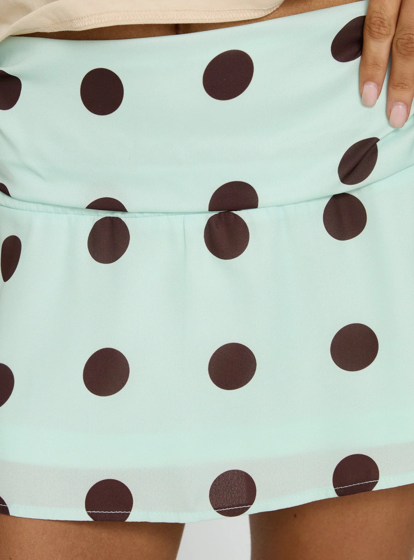 Elicia Ruched Mini Skirt Mint / Chocolate Polka Dot - Image 5