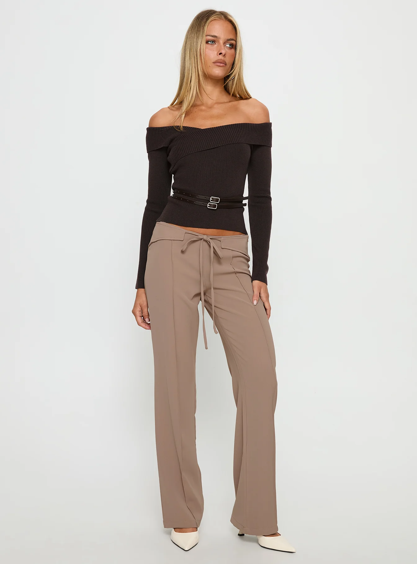 Ellenore Belt Detail Off Shoulder Top Brown - Image 4