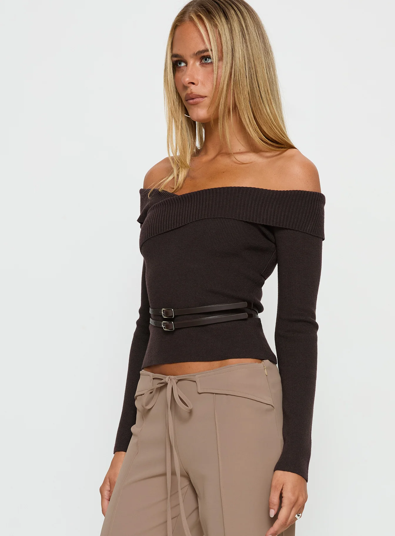 Ellenore Belt Detail Off Shoulder Top Brown - Image 5