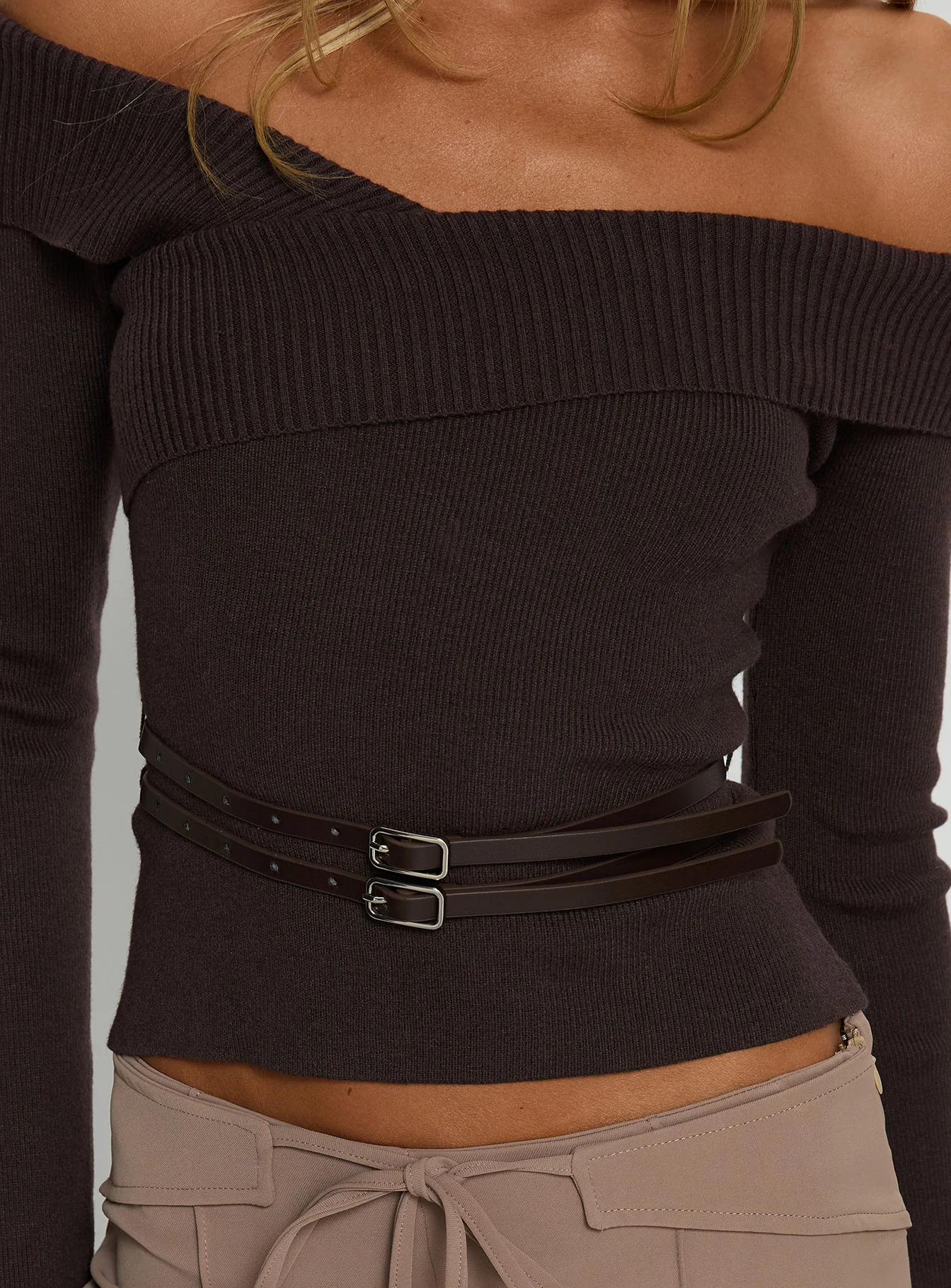 Ellenore Belt Detail Off Shoulder Top Brown - Image 7