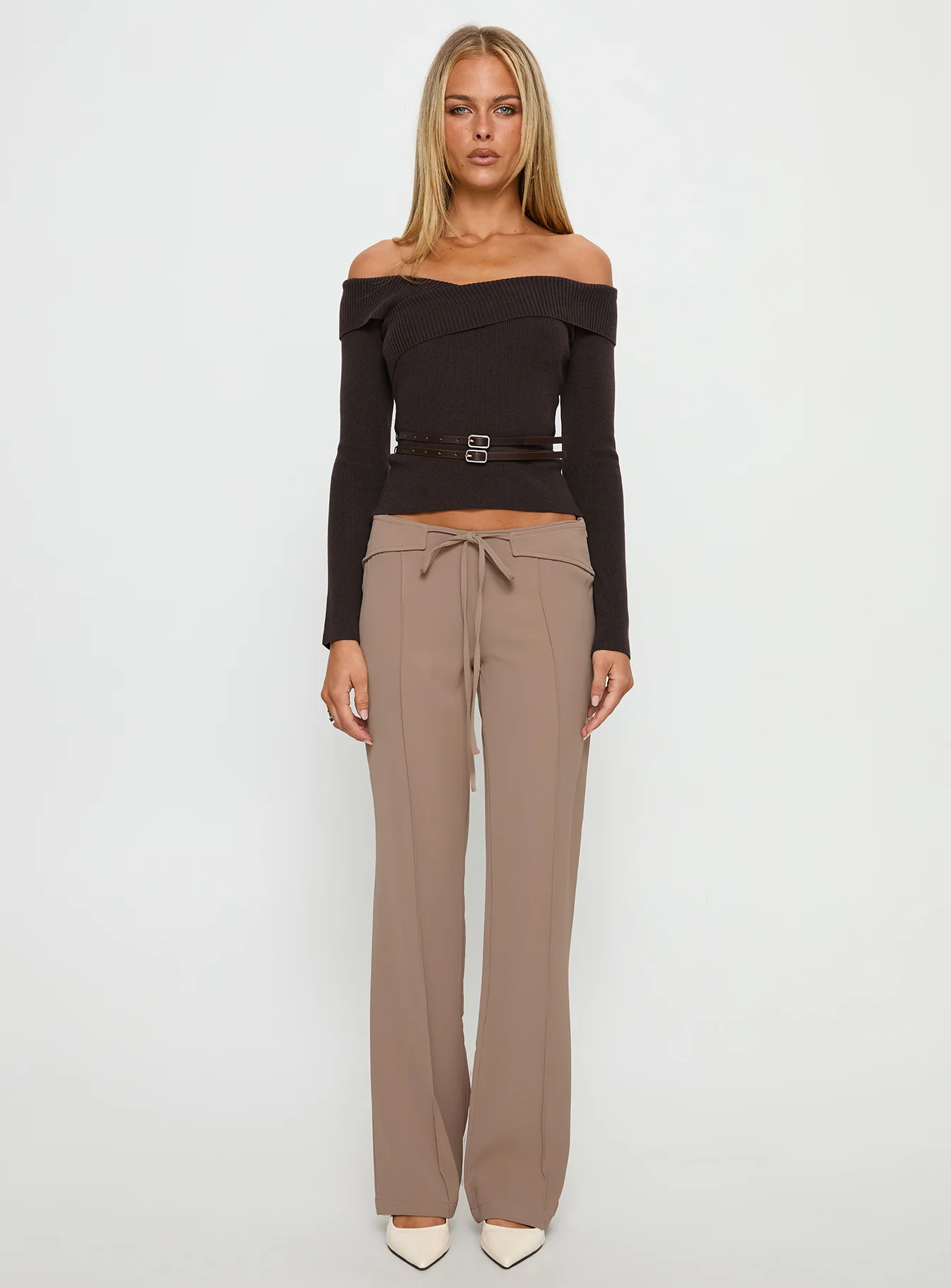 Ellenore Belt Detail Off Shoulder Top Brown - Image 8