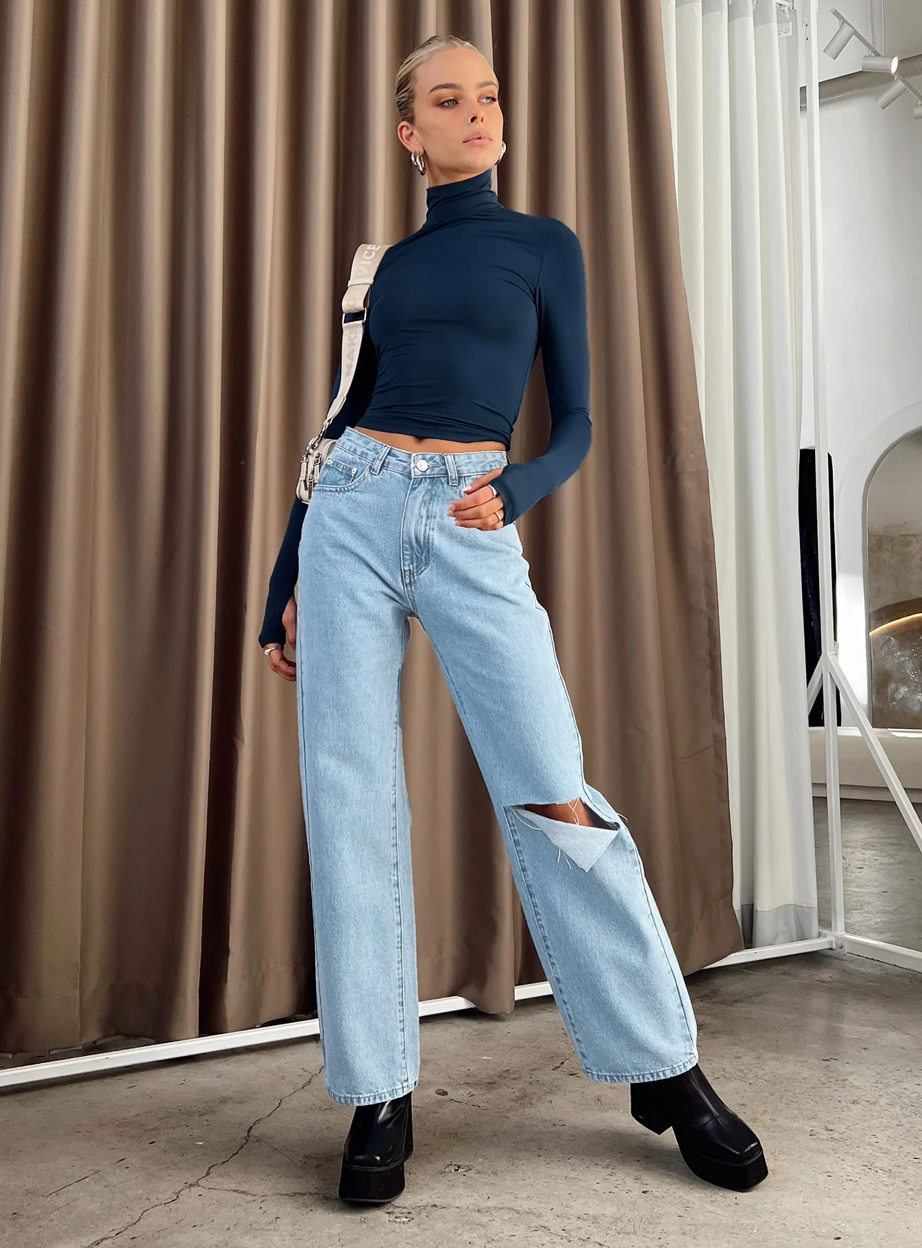 Elysium Long Sleeve Turtleneck Top Navy - Image 3