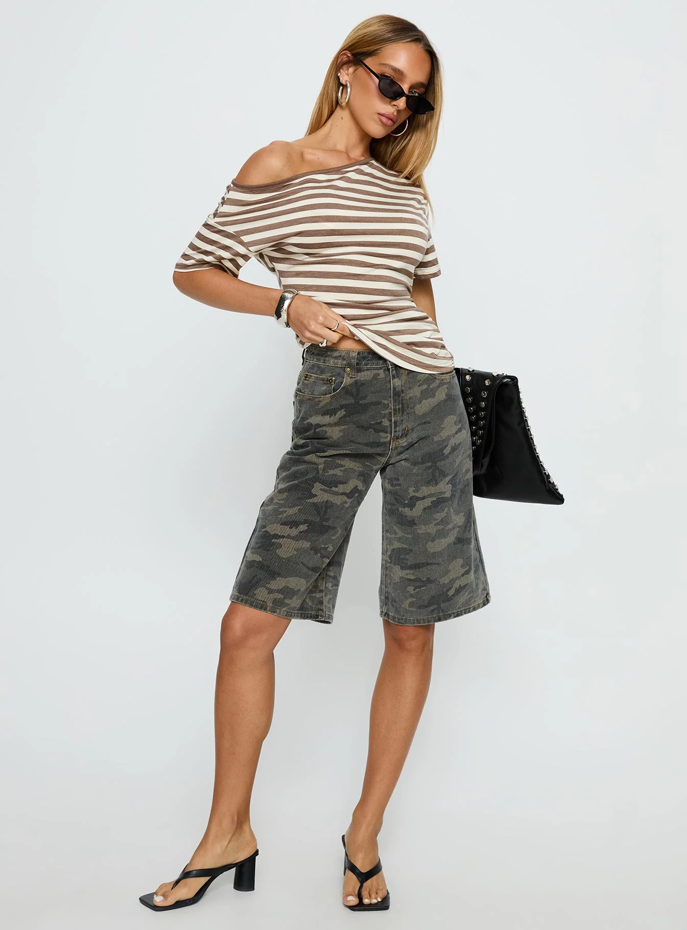 Emlynn Off Shoulder Top Brown Stripe - Image 3