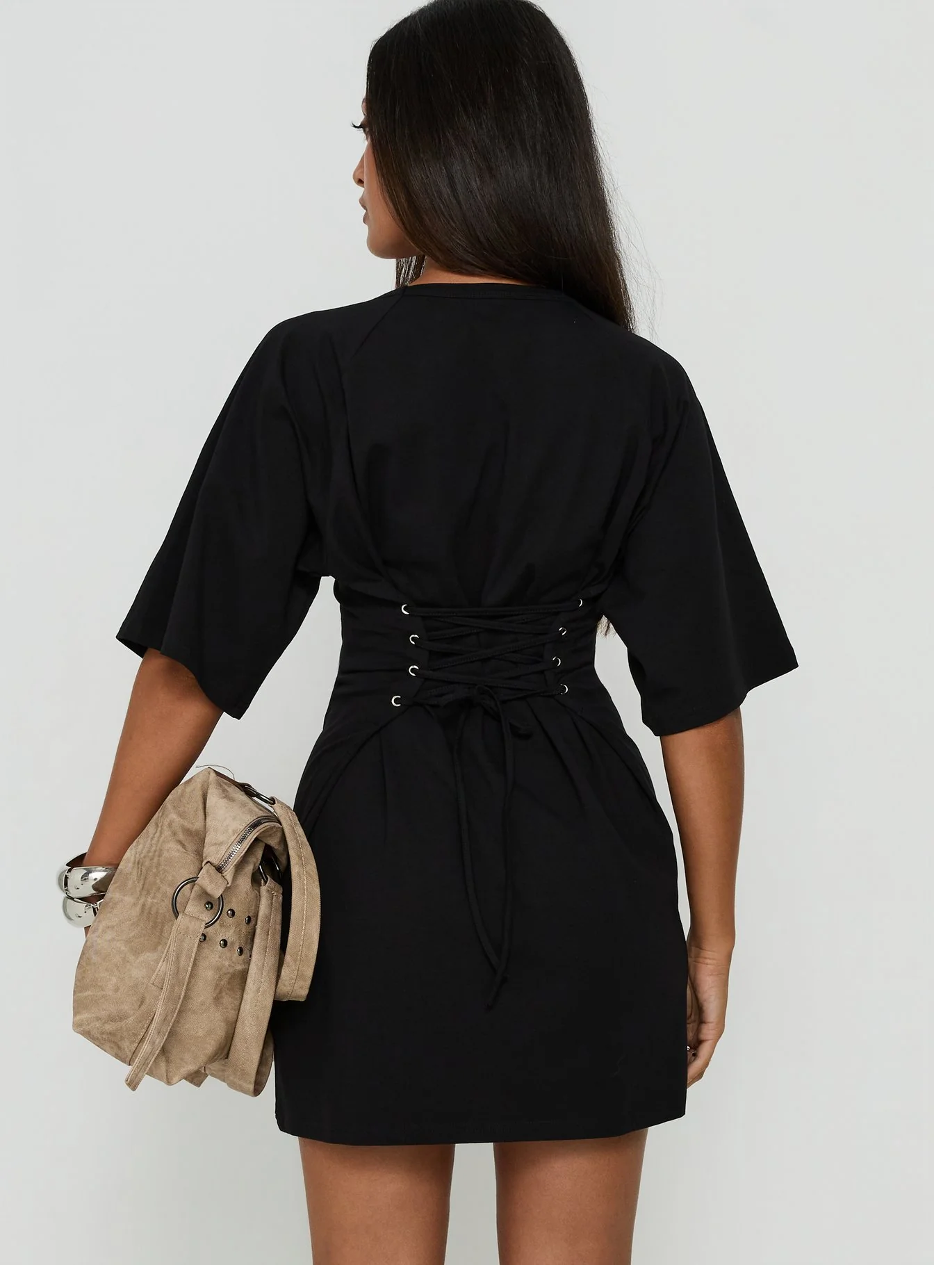 Enzia Raglan Lace Up Mini Dress Black - Image 5