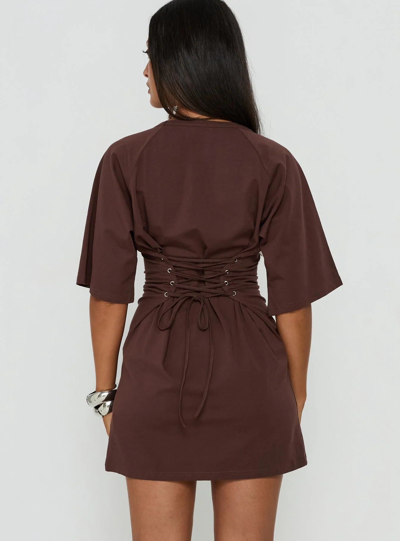 Enzia Raglan Lace Up Mini Dress Brown - Image 4