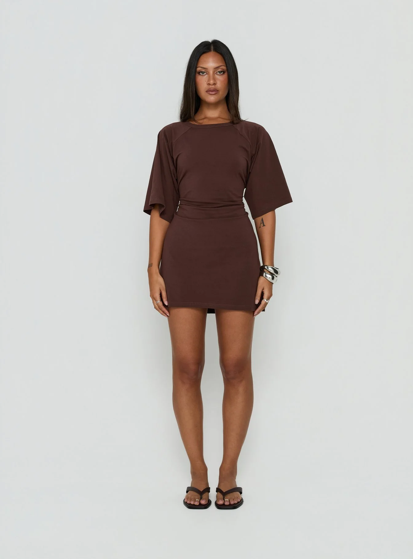 Enzia Raglan Lace Up Mini Dress Brown - Image 7