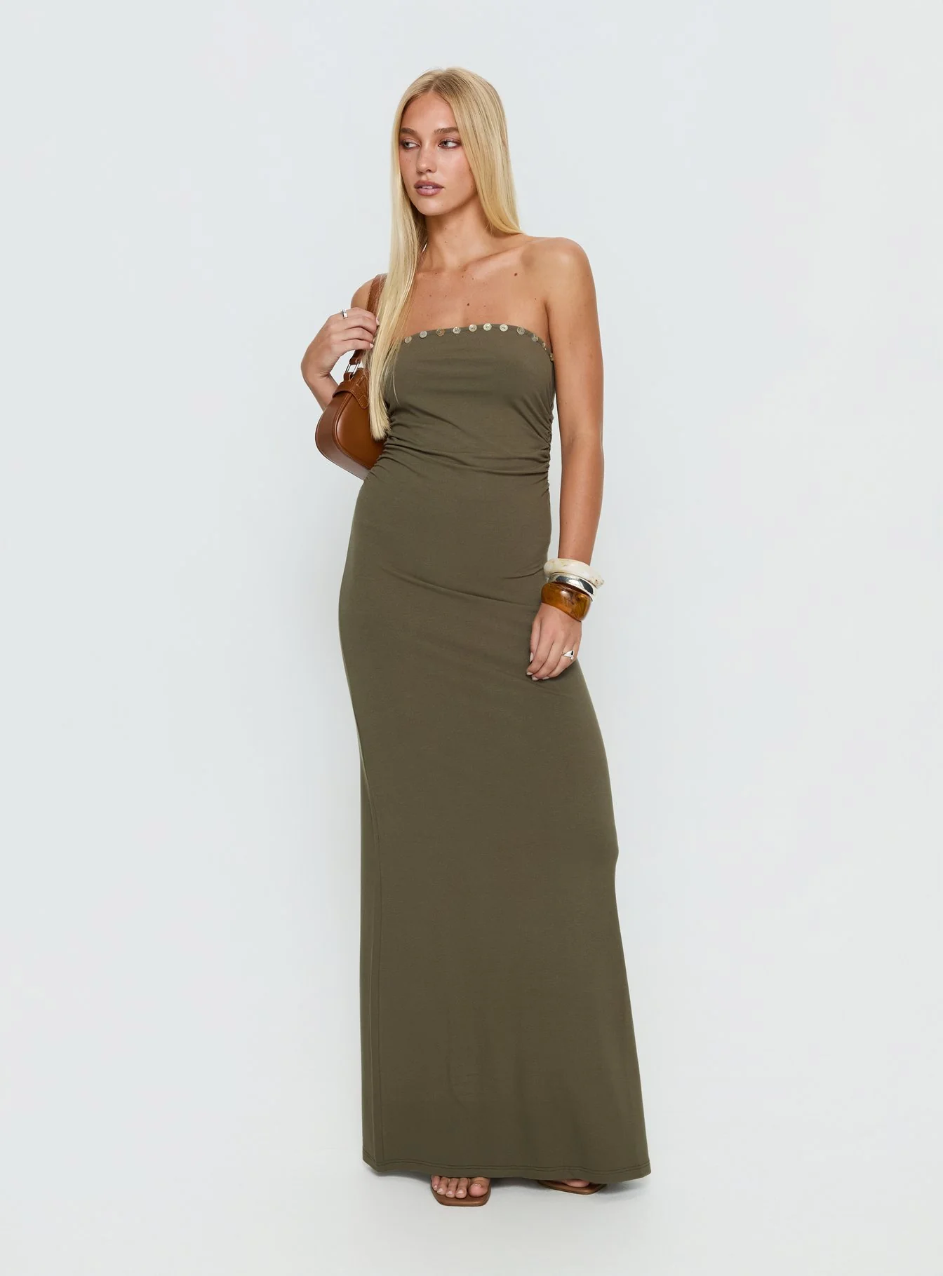 Erita Strapless Maxi Dress Kahki - Image 2