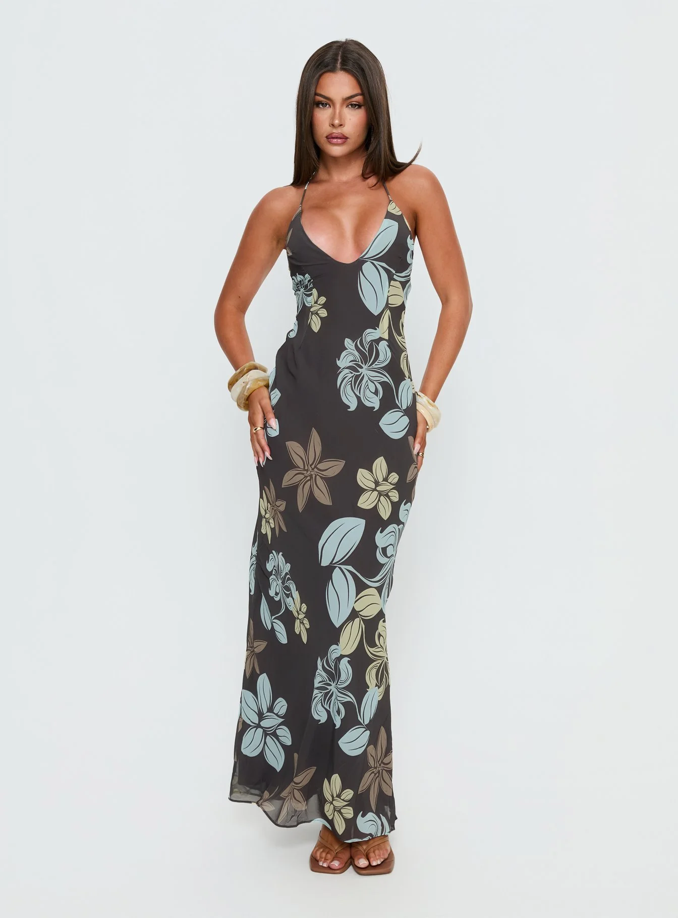Esmira Halter Maxi Dress Chocolate / Blue Floral - Image 2