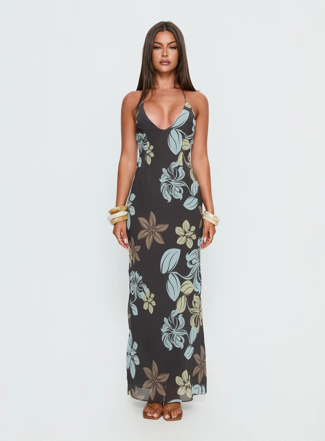 Esmira Halter Maxi Dress Chocolate / Blue Floral - Image 6