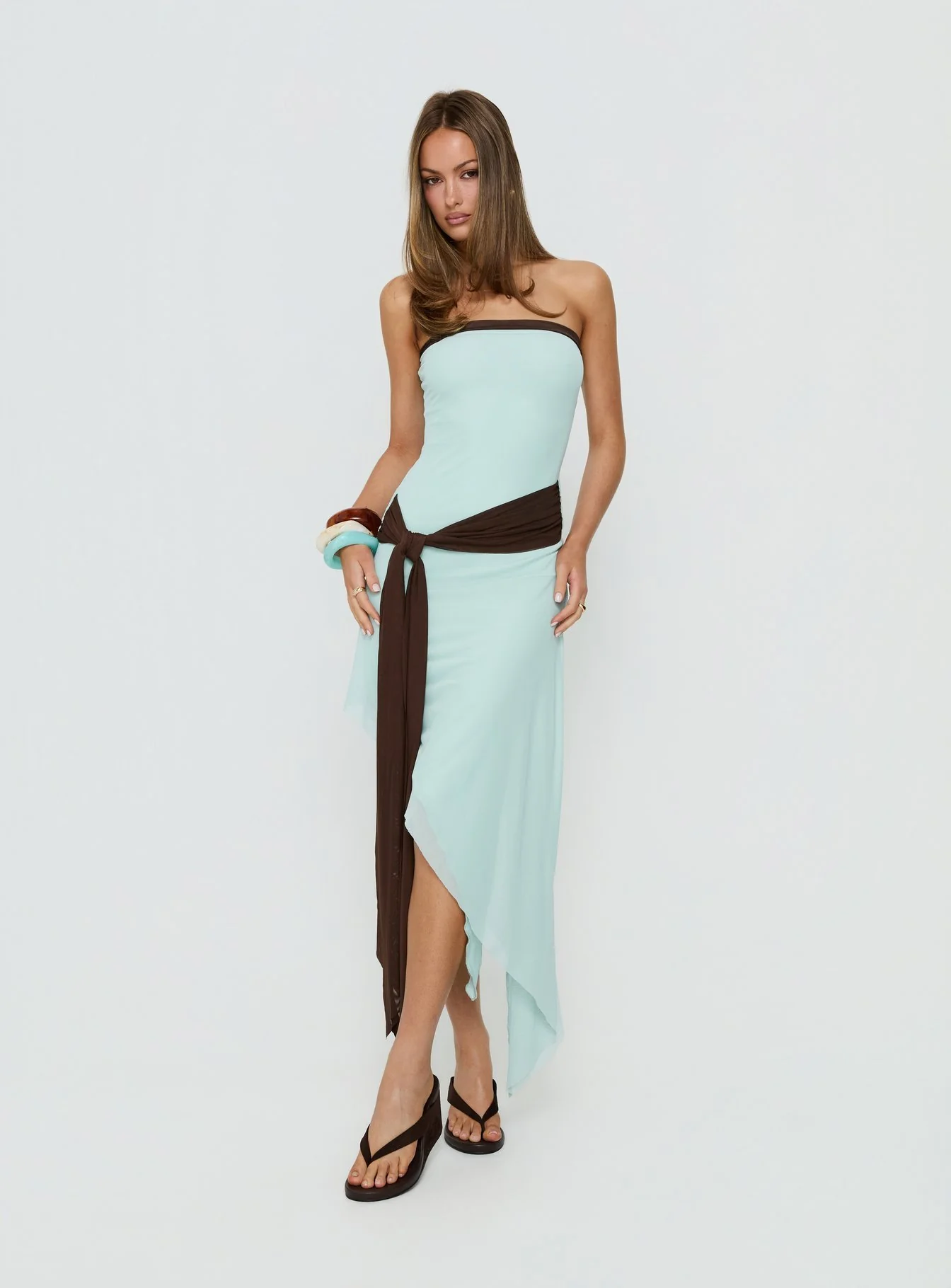 Esperina Strapless Asymmetrical Midi Dress Jelly Mint / Brown - Image 2