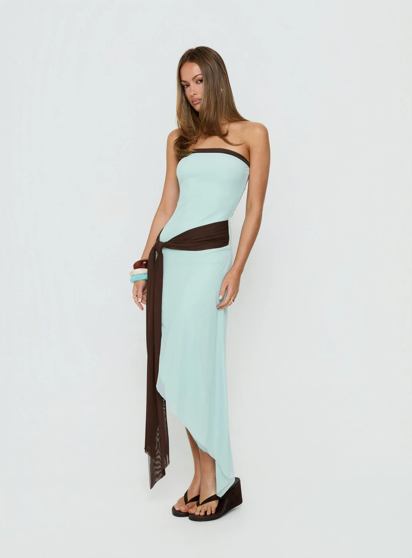 Esperina Strapless Asymmetrical Midi Dress Jelly Mint / Brown - Image 3