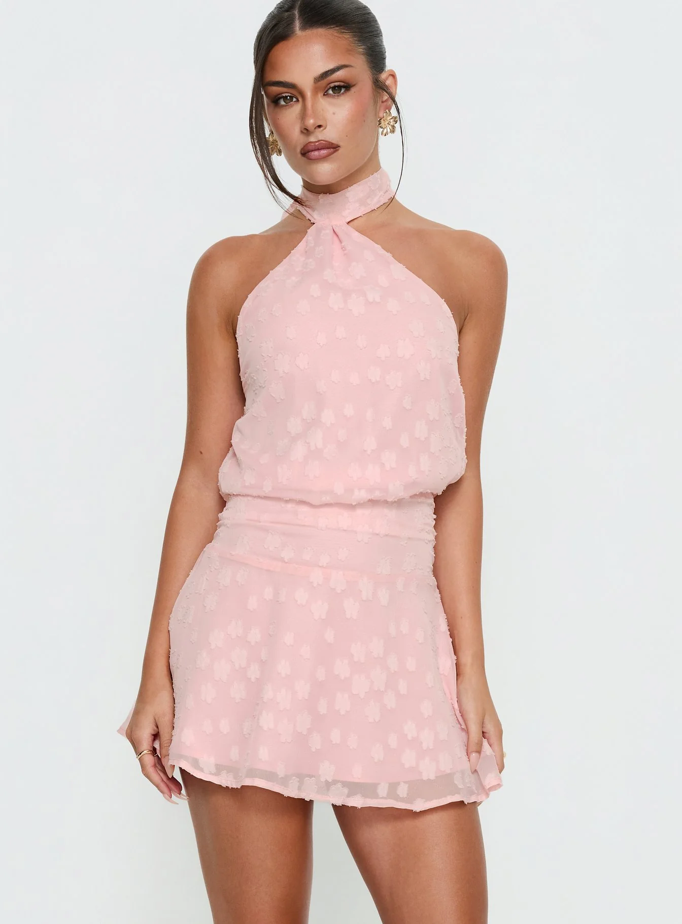 Eurythmic Scarf Halter Mini Dress Pink Jacquard - Image 2