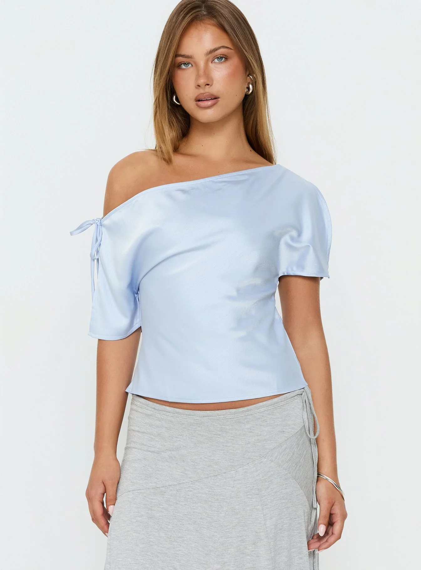 Faisa Off Shoulder Satin Top Powder Blue - Image 2