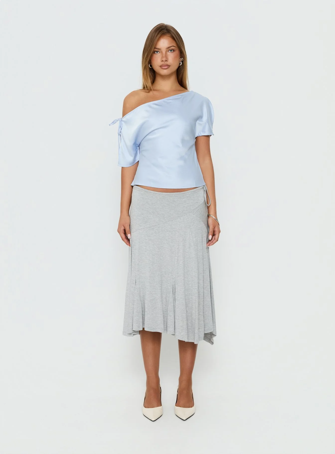Faisa Off Shoulder Satin Top Powder Blue - Image 7