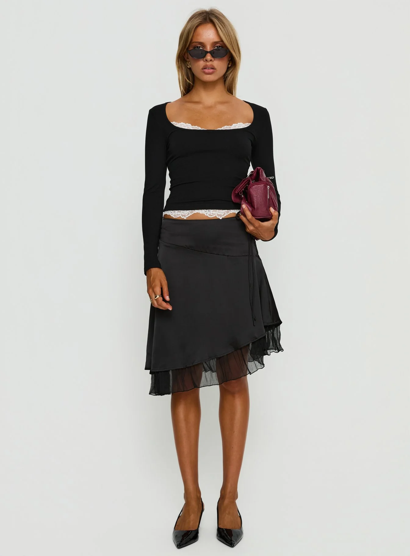 Falling Through Lace Detail Long Sleeve Top Black - Image 6