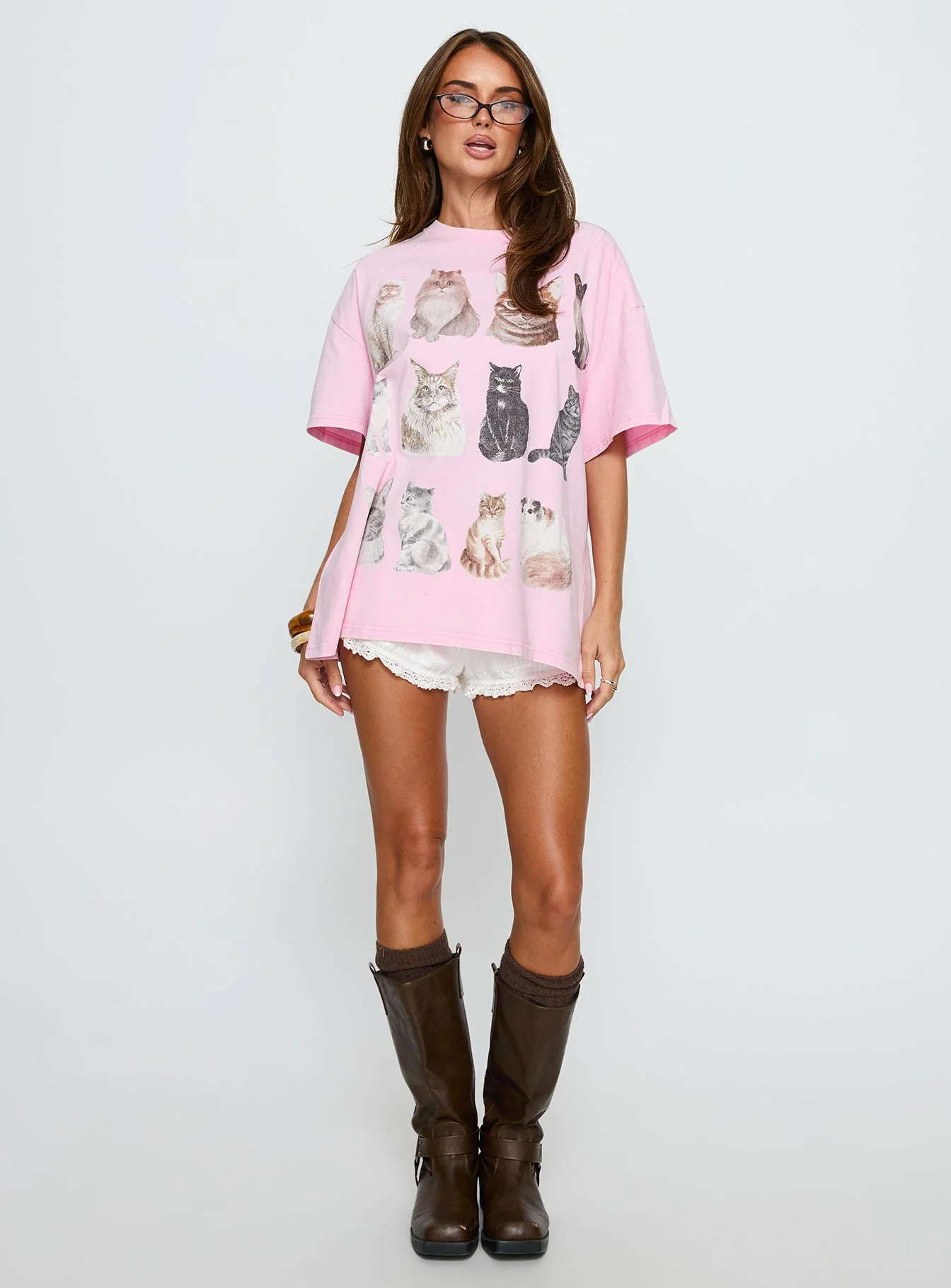 Feline Companions Oversized Graphic Tee Pink - Image 3