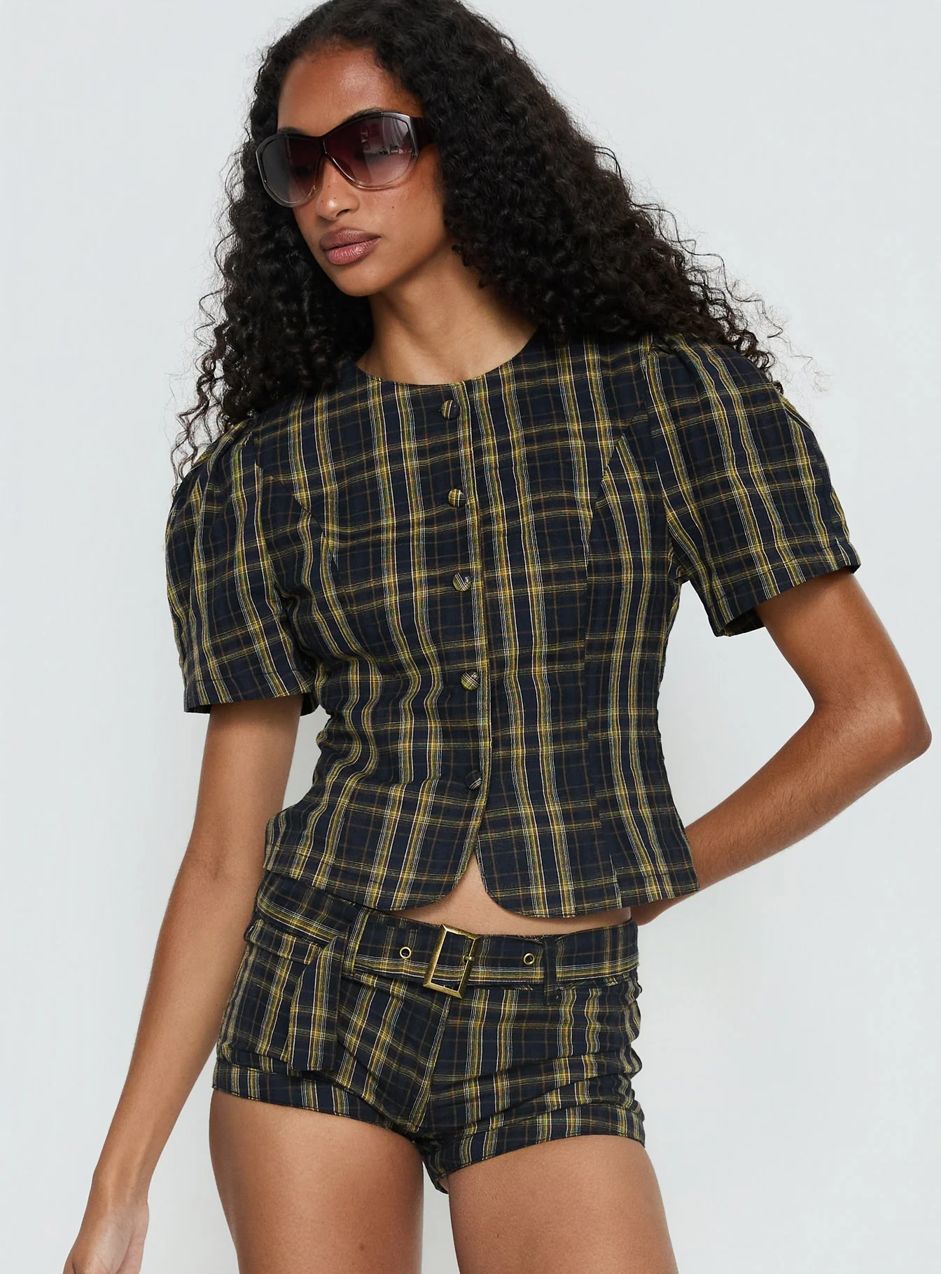 Femme Blouse Top Navy / Lemon Plaid - Image 2