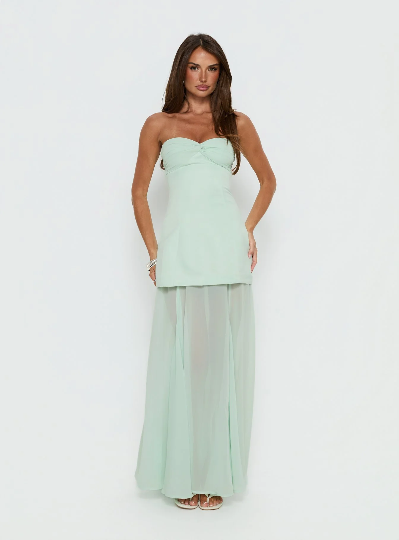 Flashy Sheer Chiffon Strapless Maxi Dress Green - Image 3