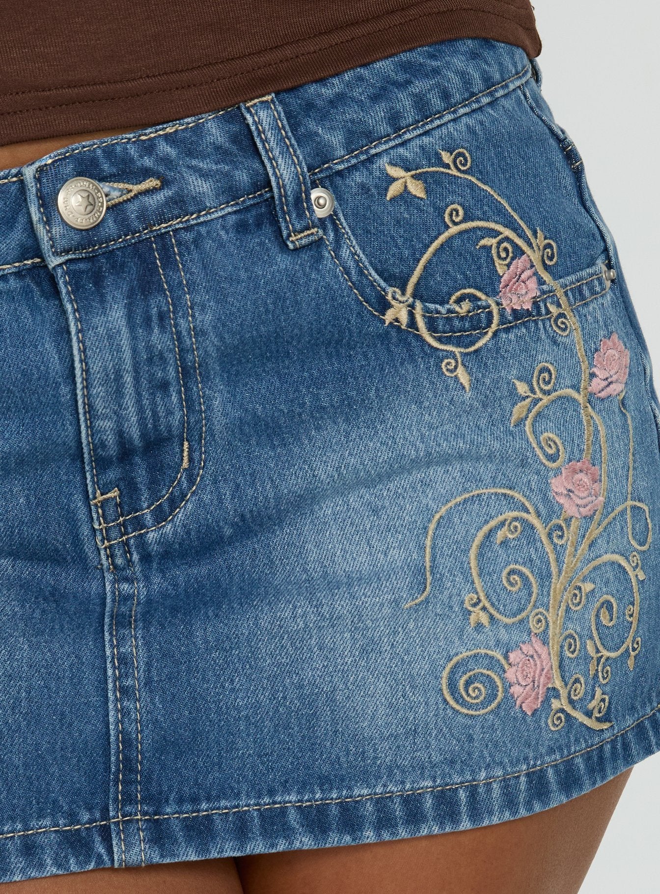 Flatline Embroidered Denim Mini Skirt Mid Wash - Image 6