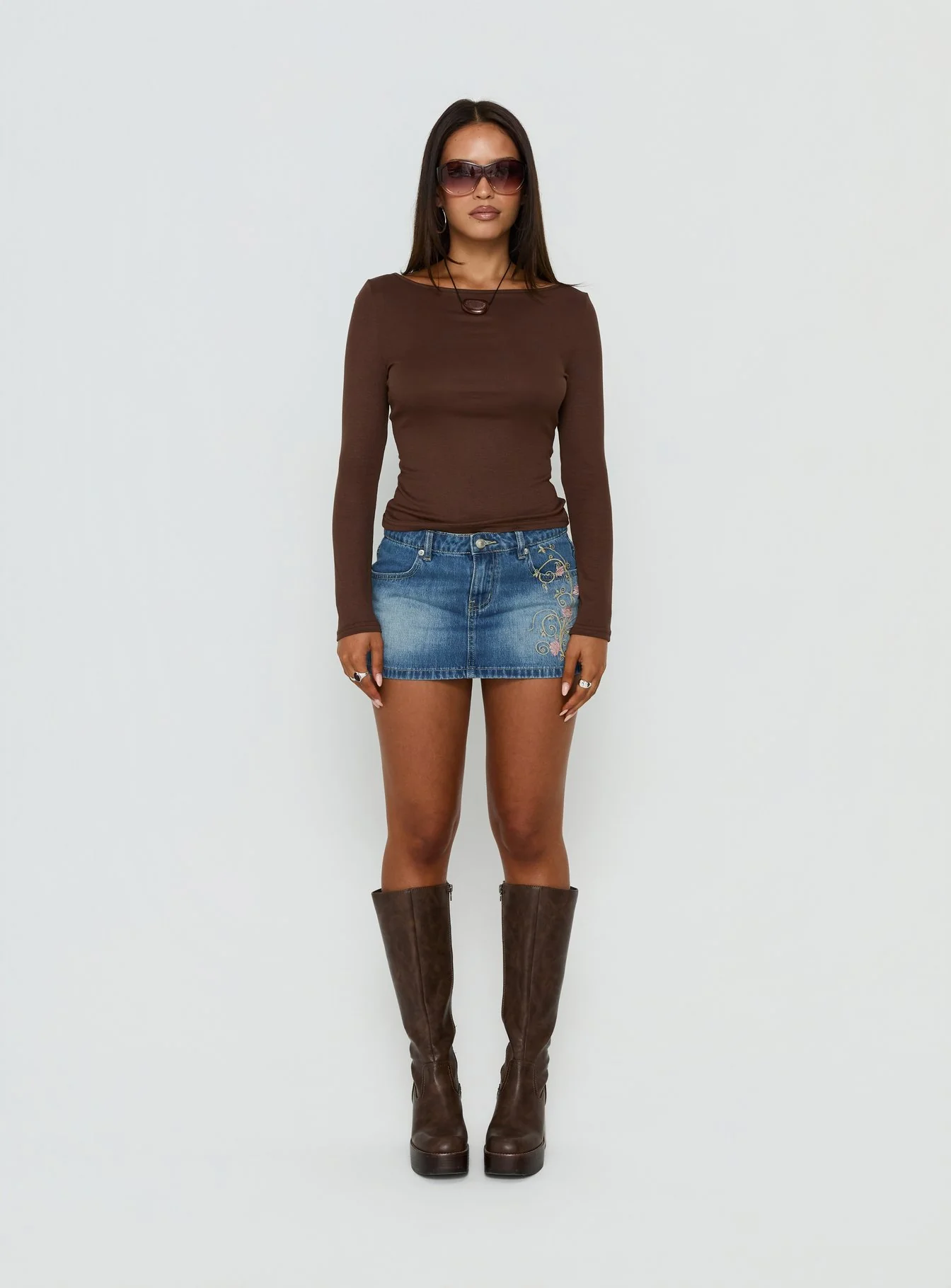 Flatline Embroidered Denim Mini Skirt Mid Wash - Image 8