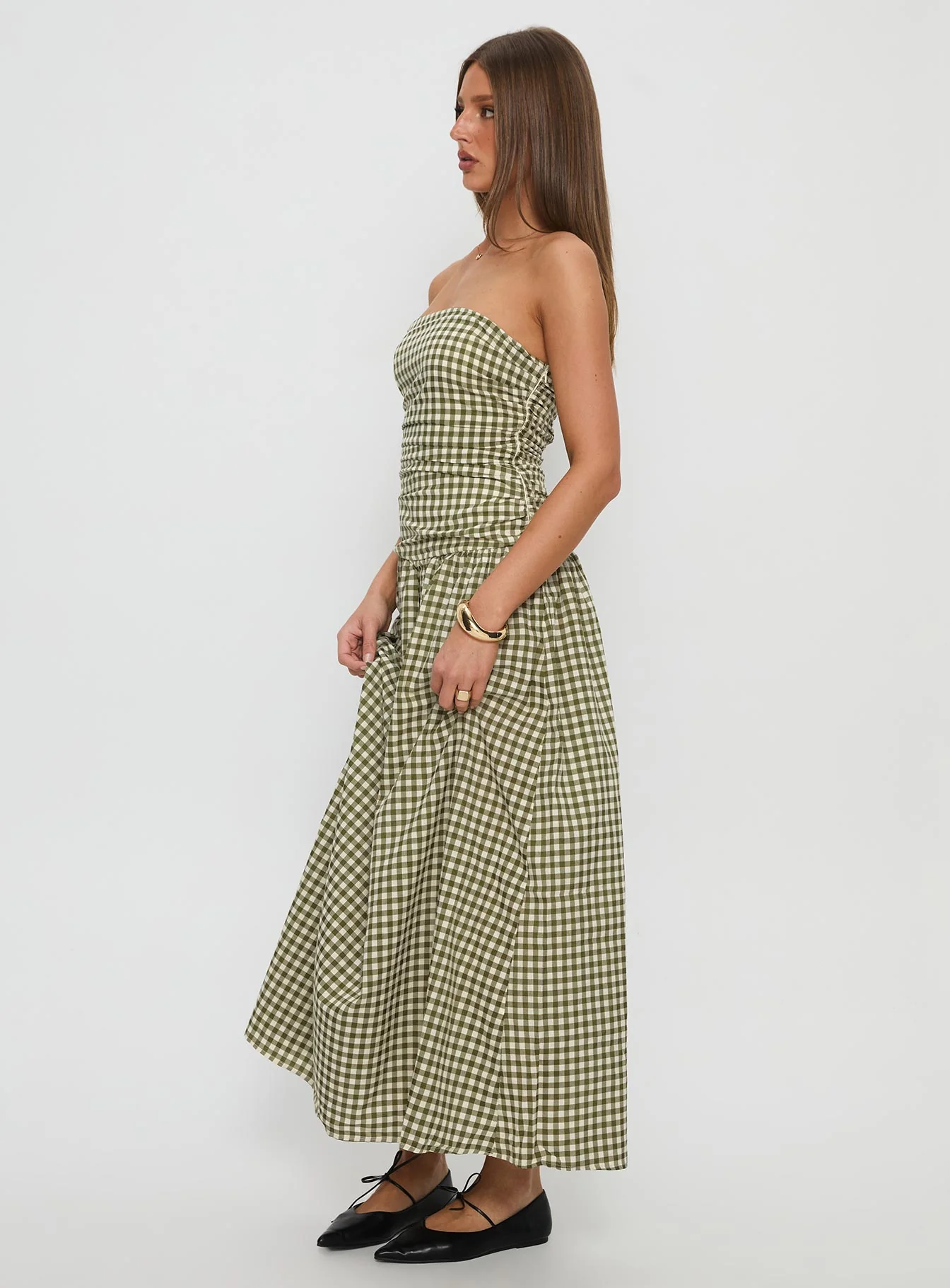 Frankey Strapless Drop Waist Maxi Dress Green Check - Image 4