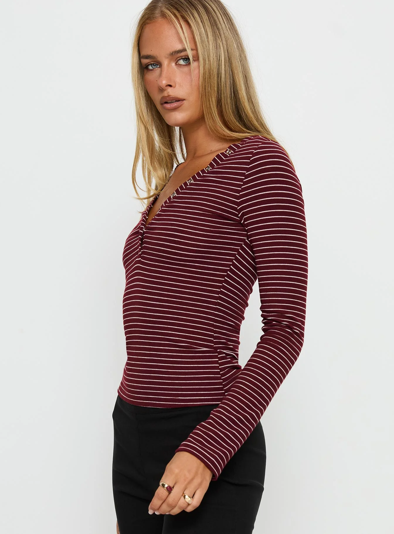 Georgeanna Button Up Long Sleeve Top Burgundy Stripe - Image 3