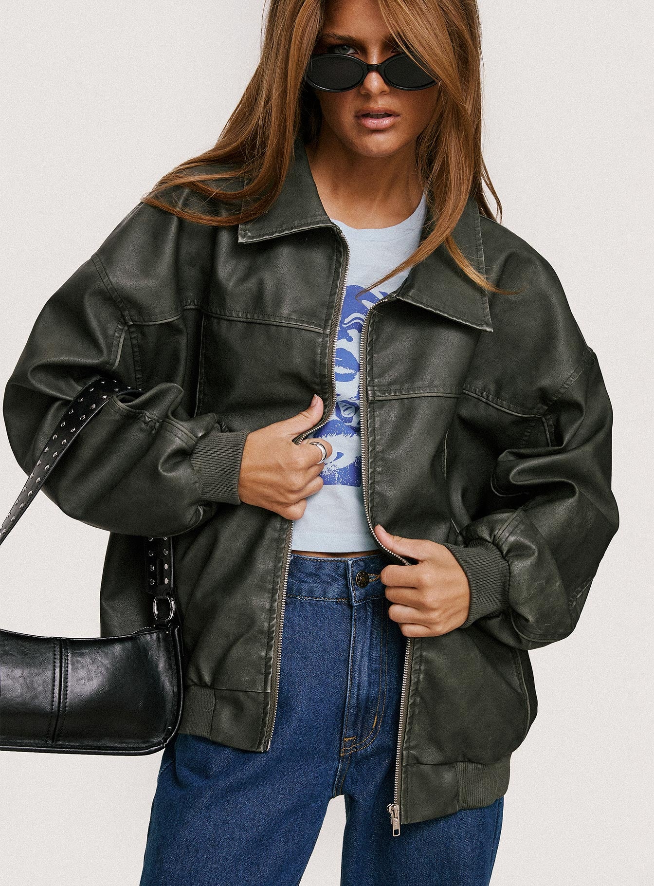 Goldsmith Faux Leather Bomber Jacket Washed Forest - Image 10