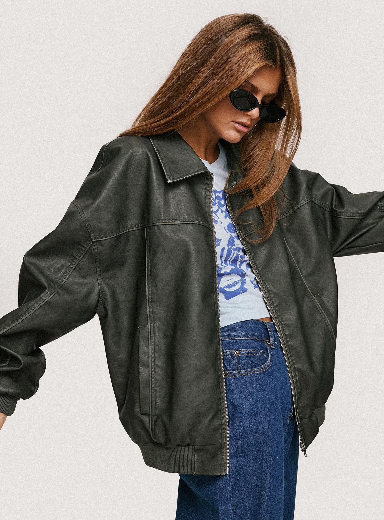 Goldsmith Faux Leather Bomber Jacket Washed Forest - Image 9