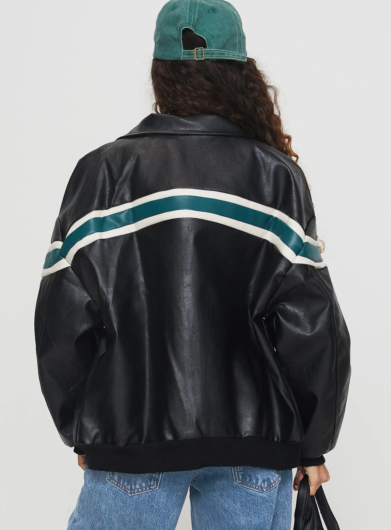Goldsmith Faux Leather Bomber Jacket Black / Green - Image 5