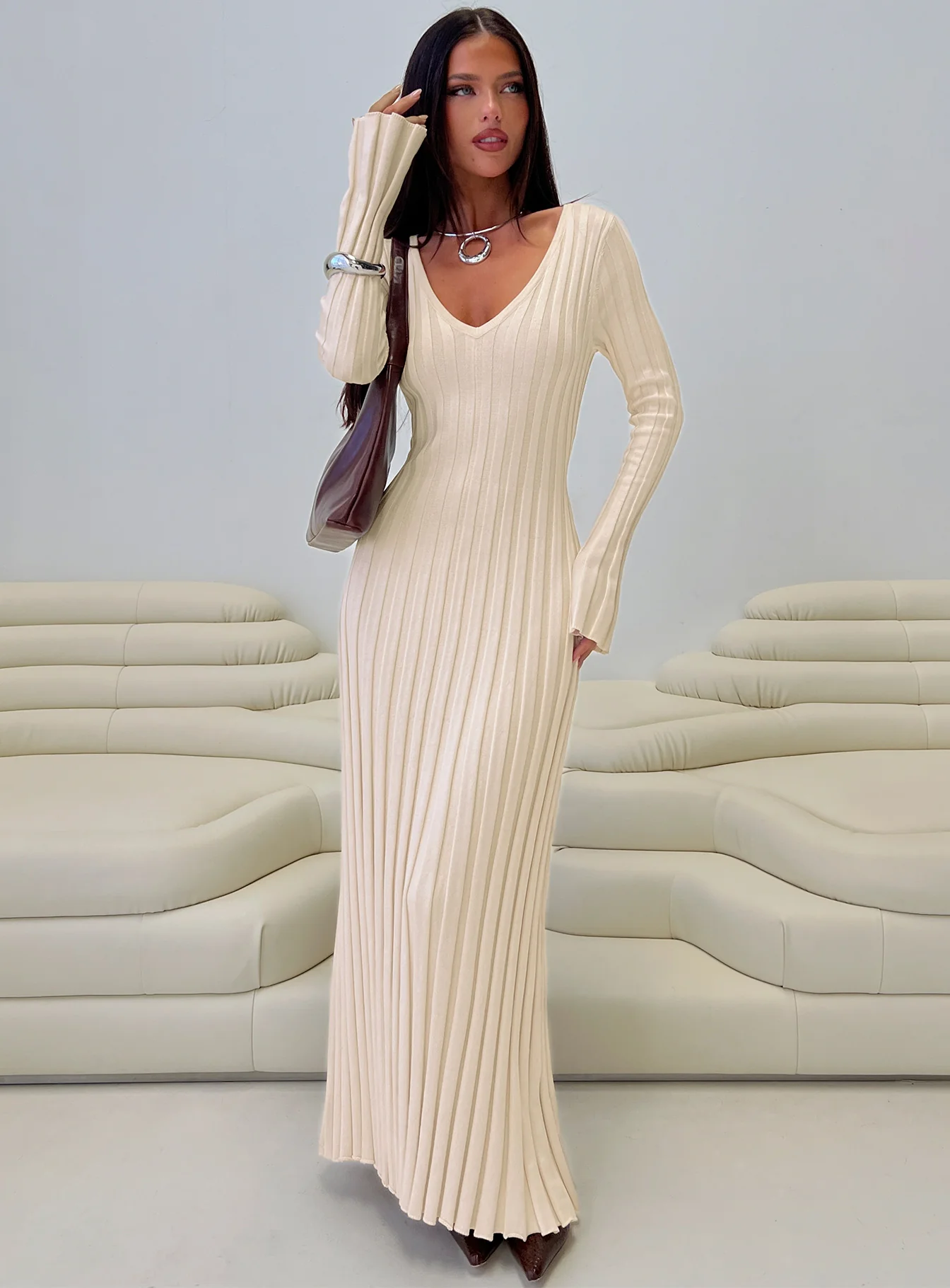 Gratuita Long Sleeve Rib Maxi Dress Cream - Image 8