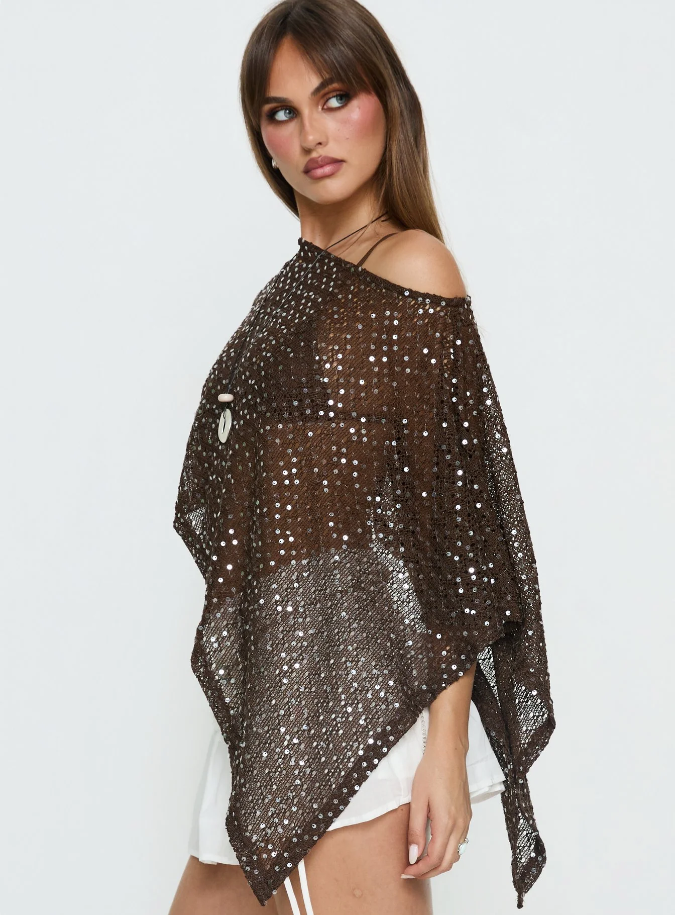 Grotto Asymmetrical Boat Neck Poncho Brown Sparkle - Image 4