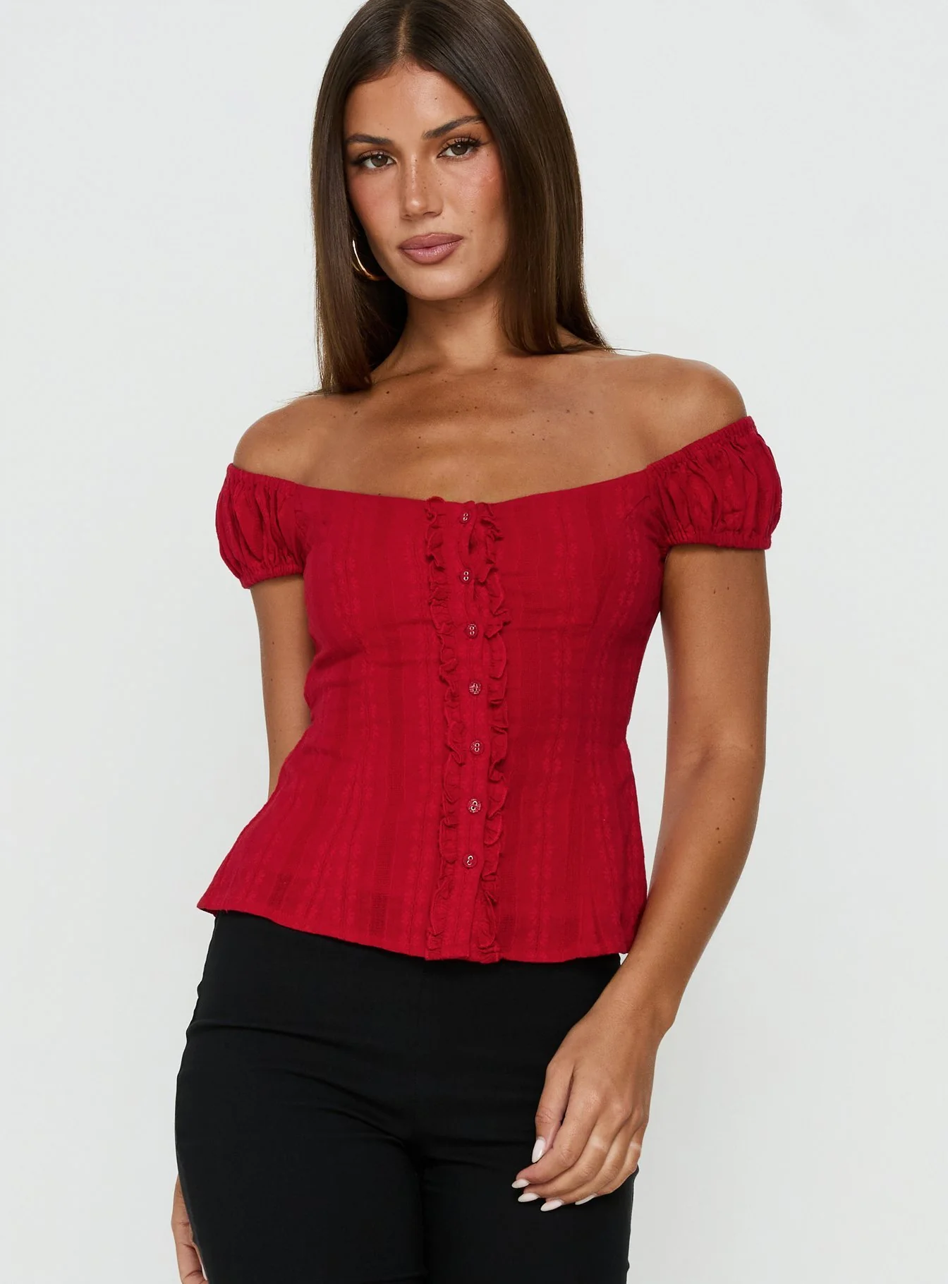 Gysella Off Shoulder Woven Top Red - Image 2