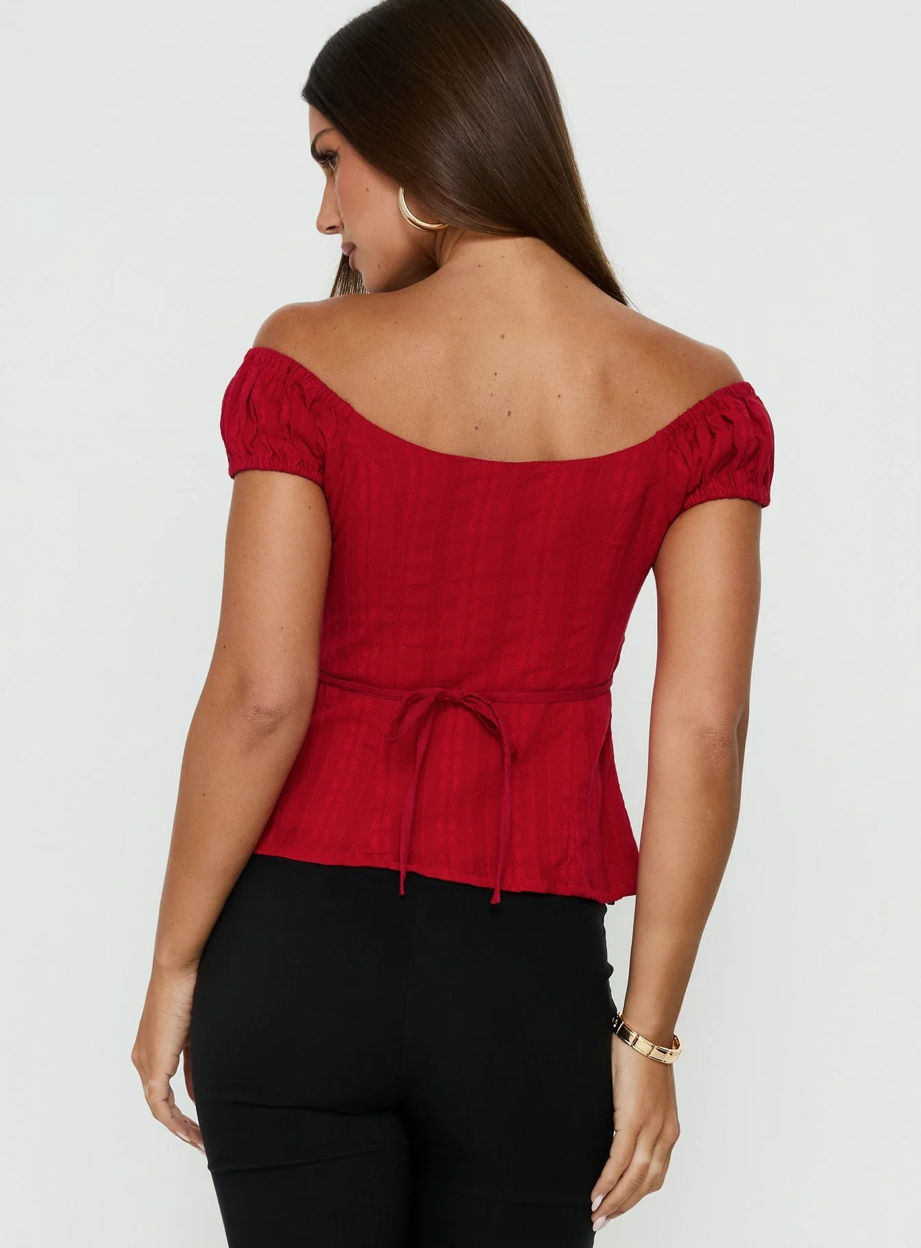 Gysella Off Shoulder Woven Top Red - Image 5