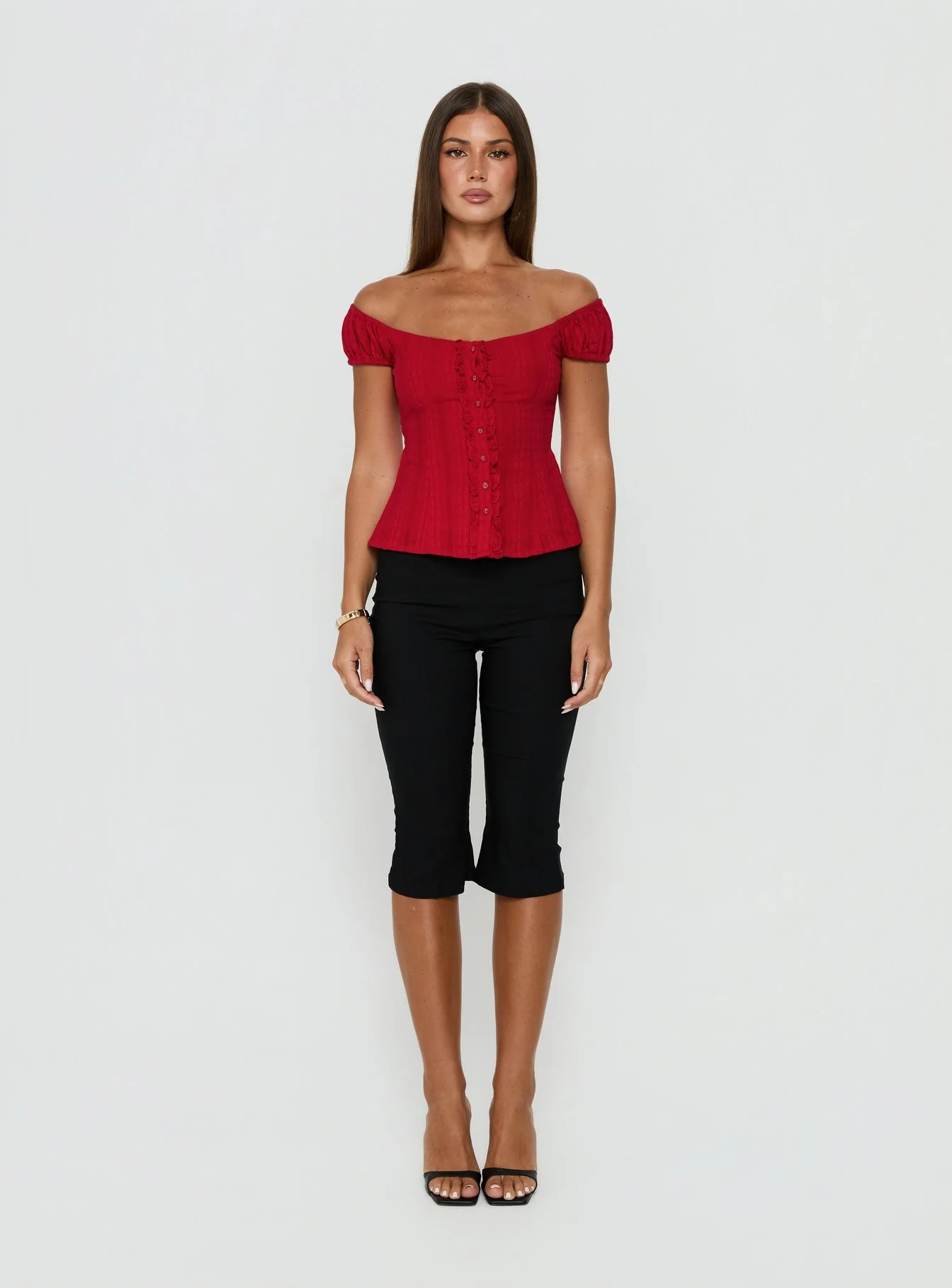 Gysella Off Shoulder Woven Top Red - Image 7