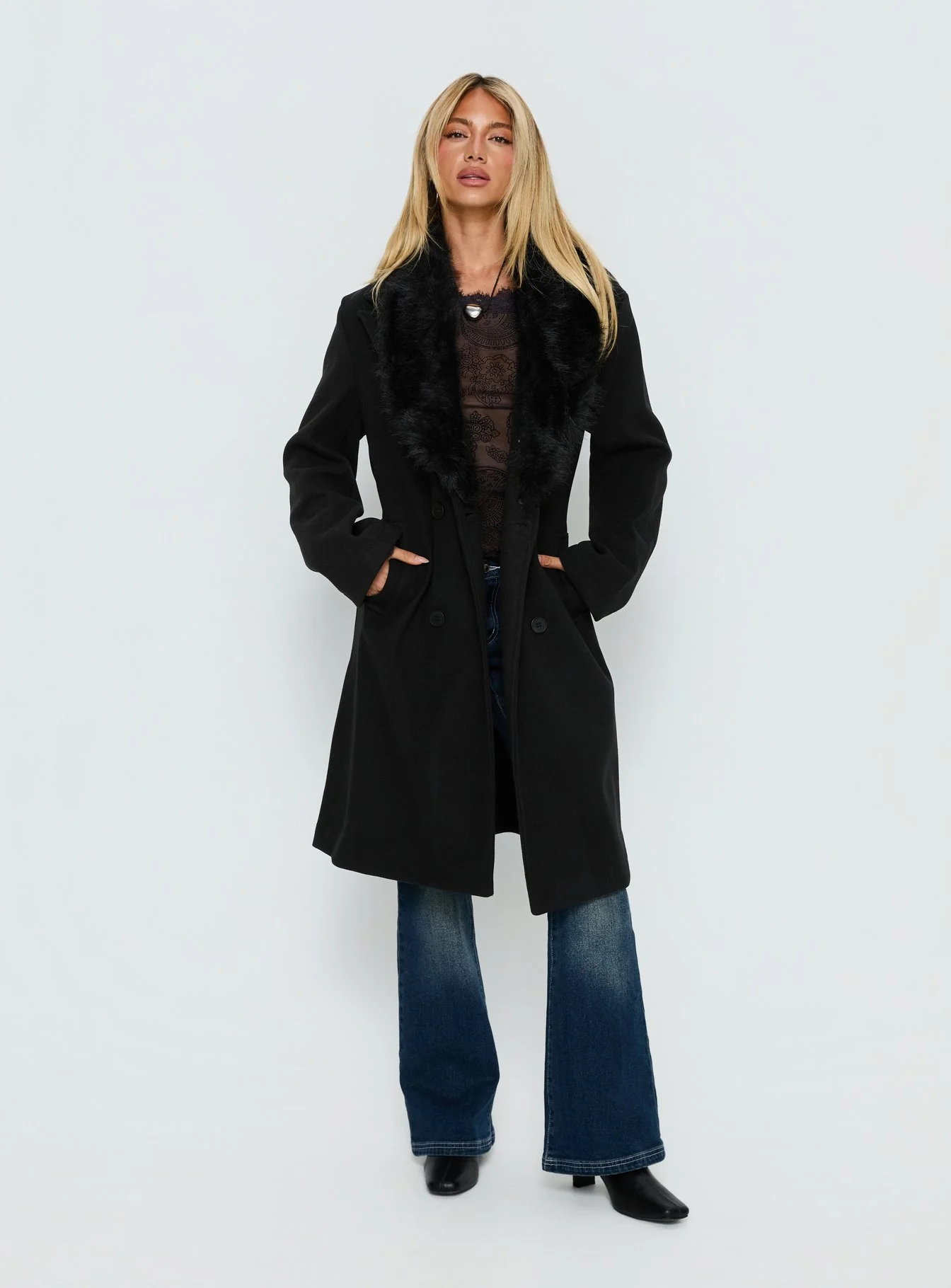 Hallyn Faux Fur Collar Coat Black - Image 3