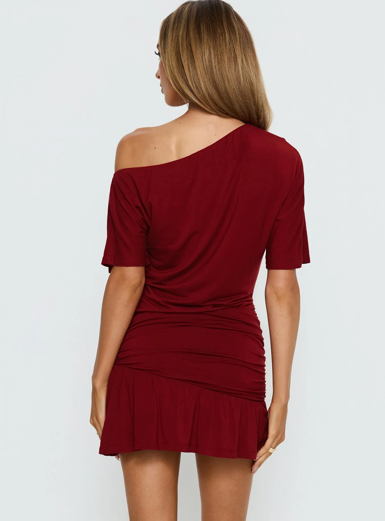 Haylo Off Shoulder Drape Mini Dress Burgundy - Image 5