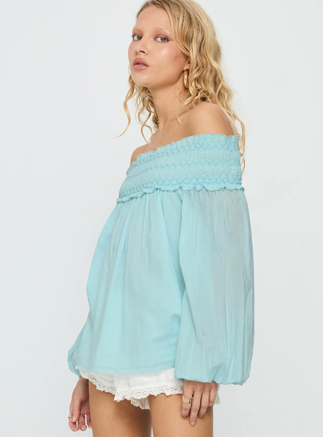Heidy Off Shoulder Shirred Long Sleeve Top Blue - Image 4