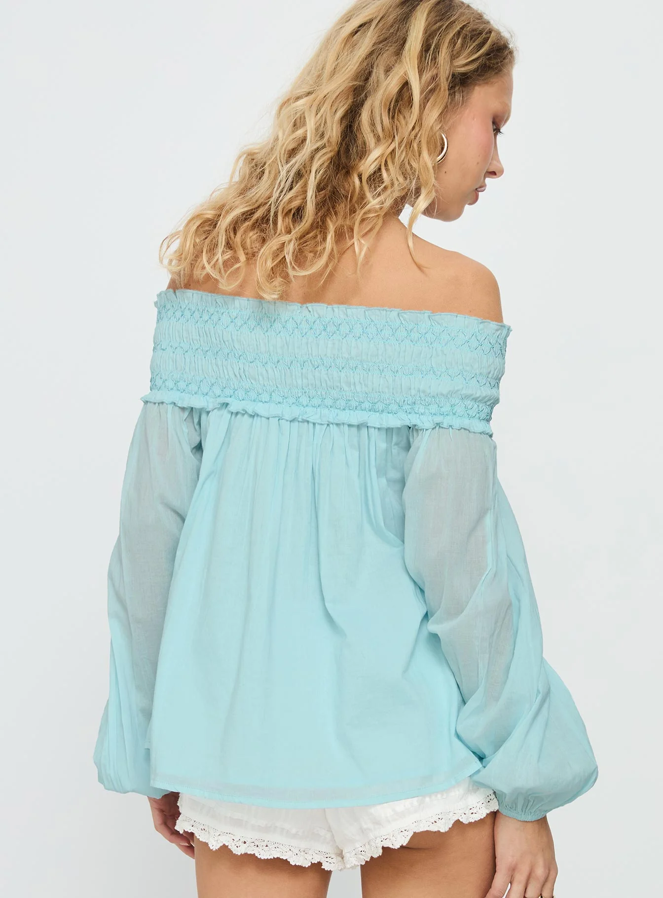 Heidy Off Shoulder Shirred Long Sleeve Top Blue - Image 5