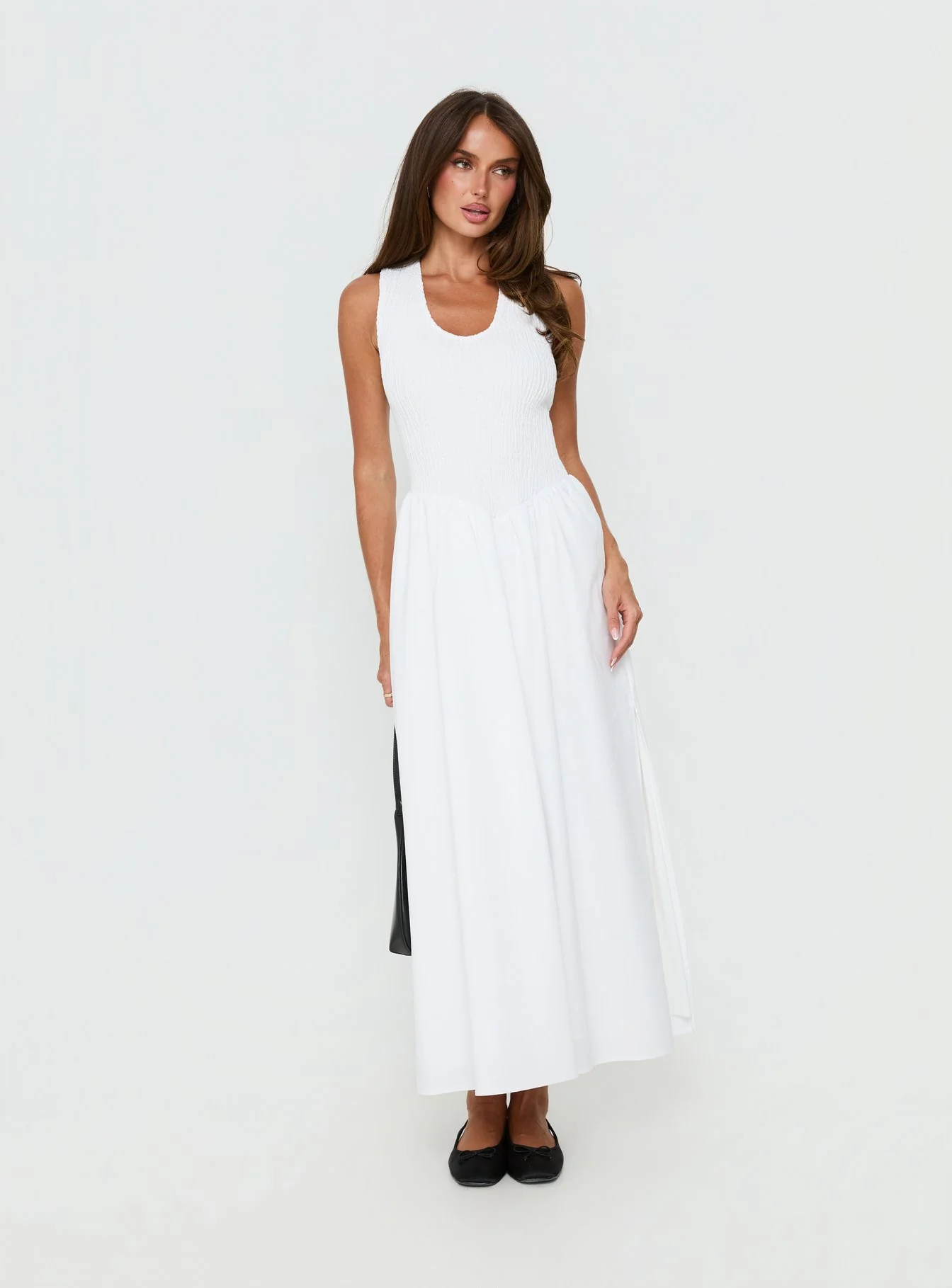 Highgate Drop Waist Pleat Detail Maxi Dress White - Image 3