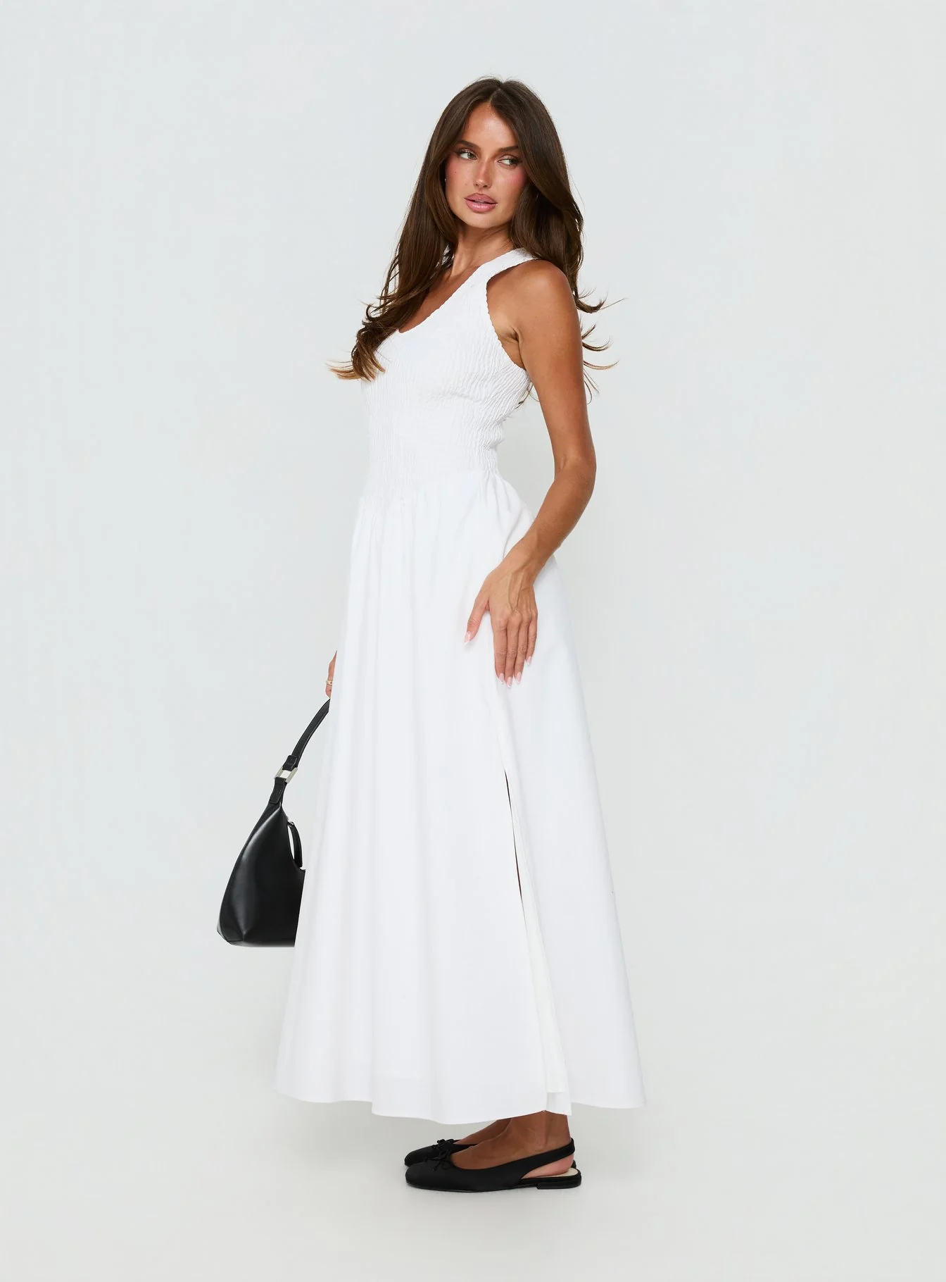 Highgate Drop Waist Pleat Detail Maxi Dress White - Image 4