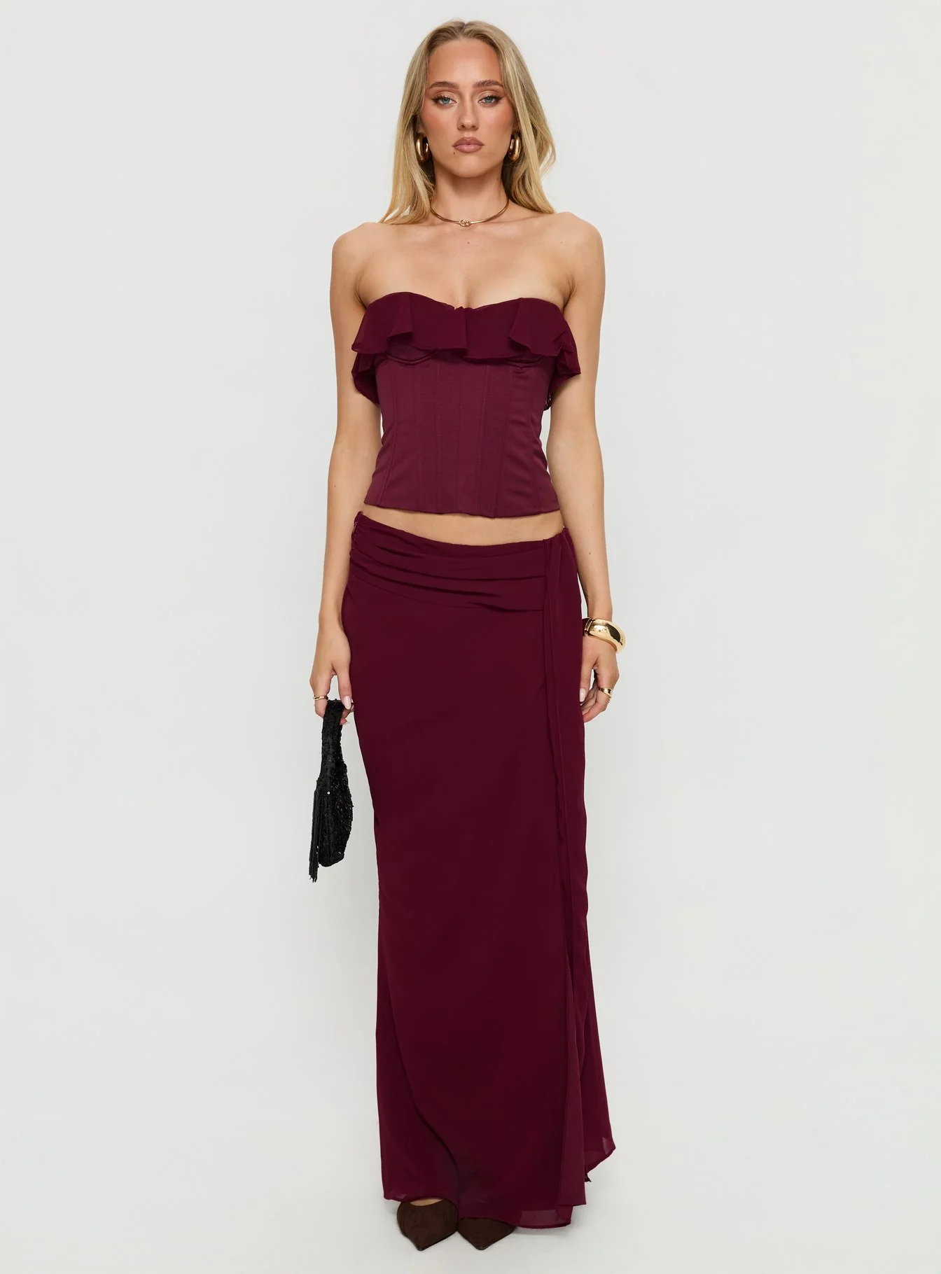 Holliann Strapless Frill Corset Top Wine - Image 7