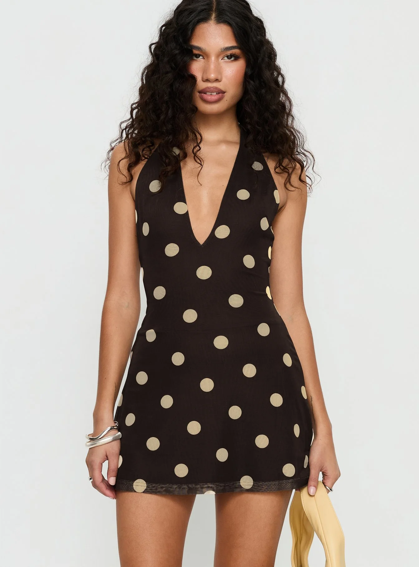 Hollywood Hills Plunge Neck Playsuit Brown Polka - Image 2