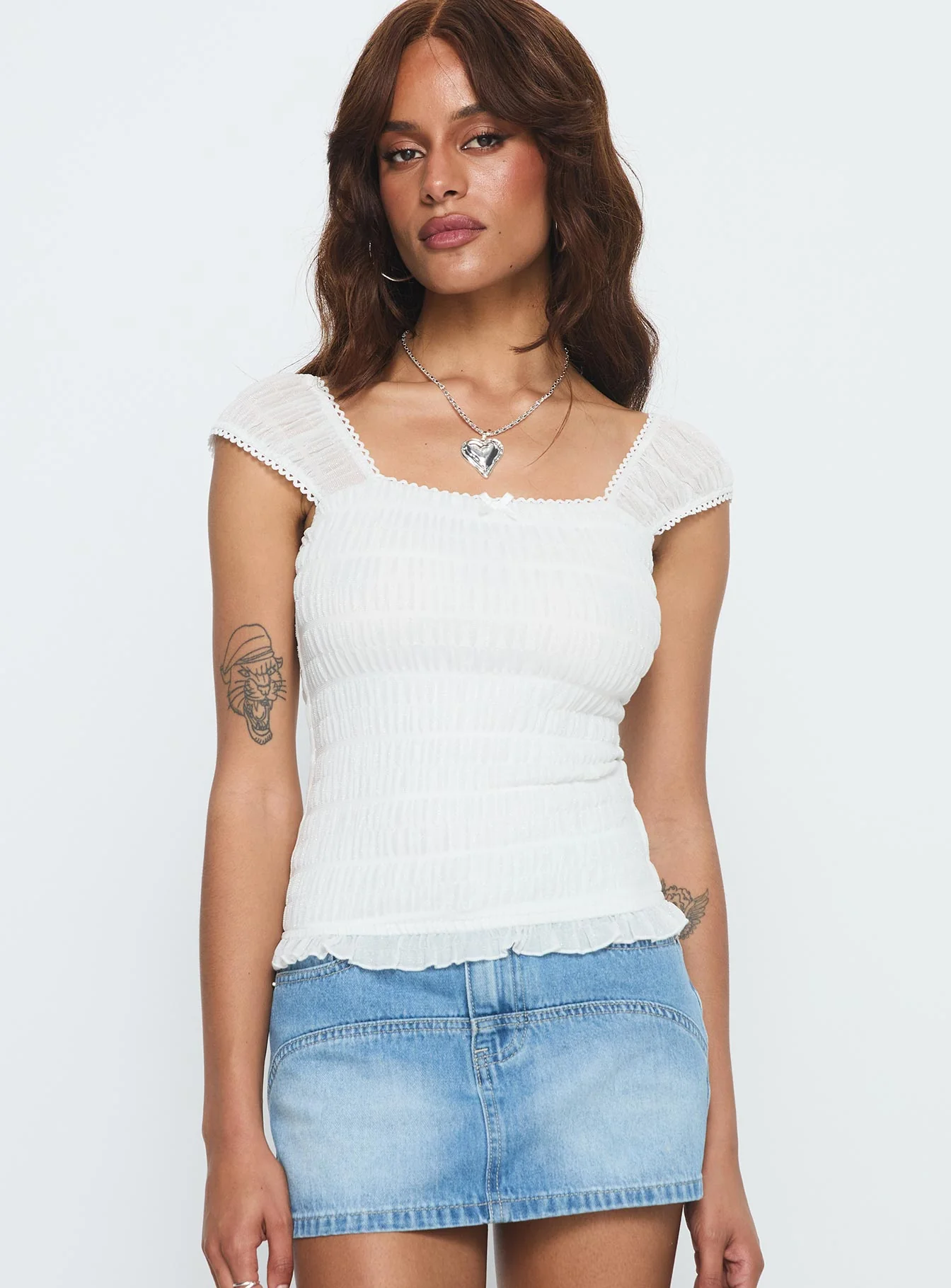 Honeymooner Cap Sleeve Frill Top White - Image 2