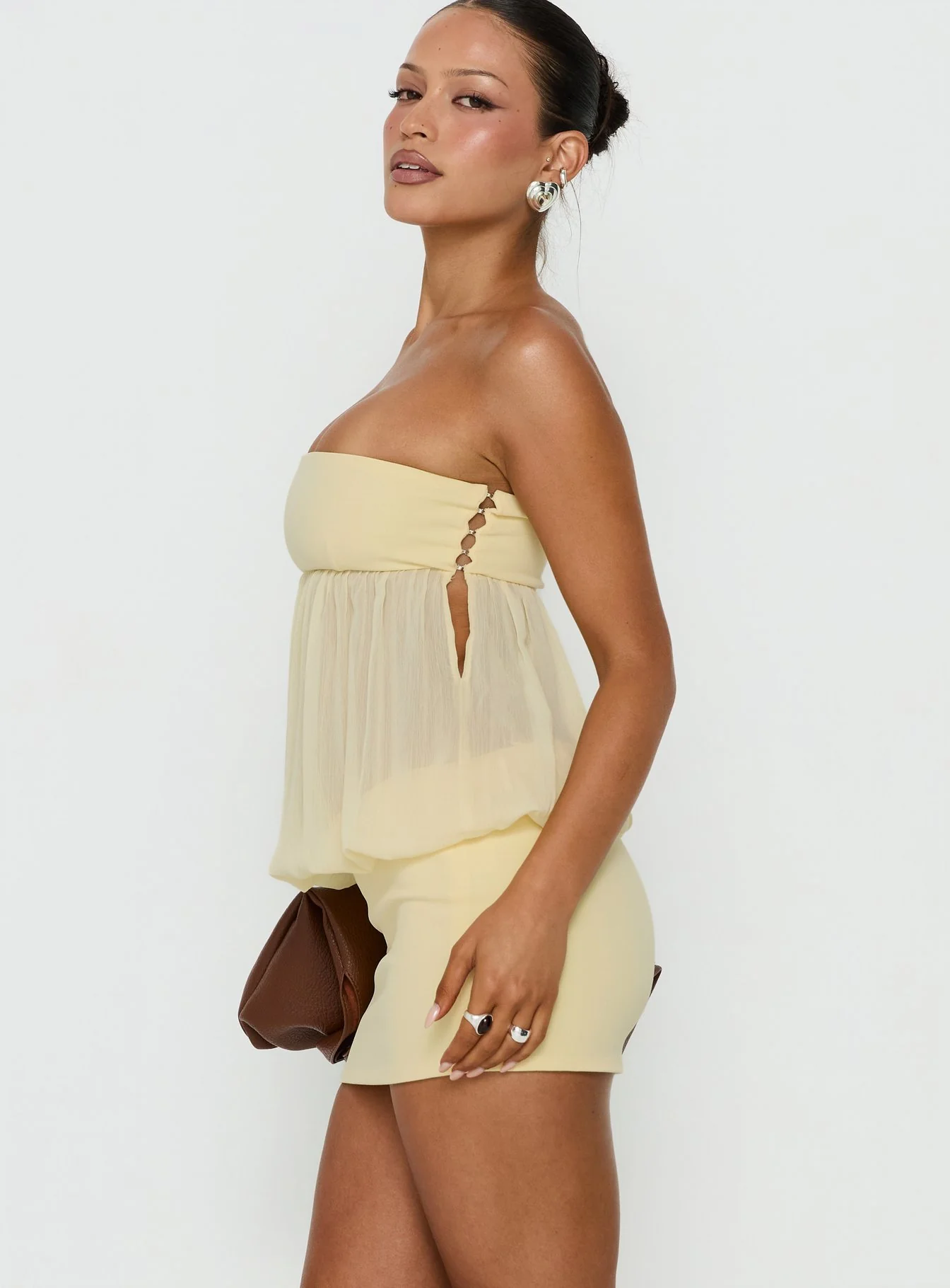 Howland Strapless Sheer Blouson Mini Dress Yellow - Image 4